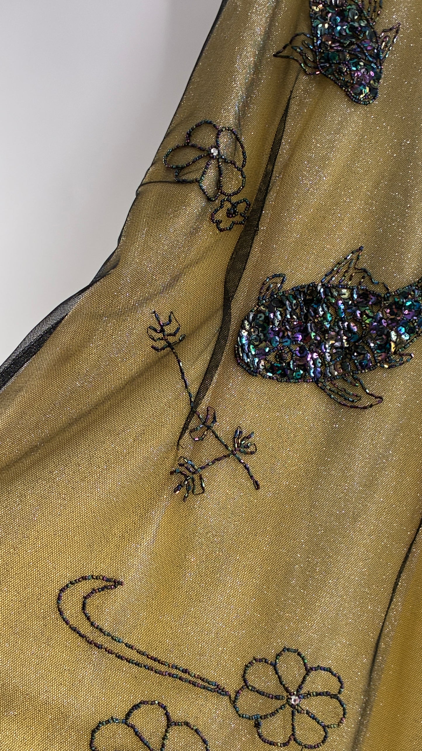 Vintage 1990s One of a Kind Handmade, Green Gown with Beaded Koi Fish, Metallic Tulle Overlay, and Symmetric Back (Medium)