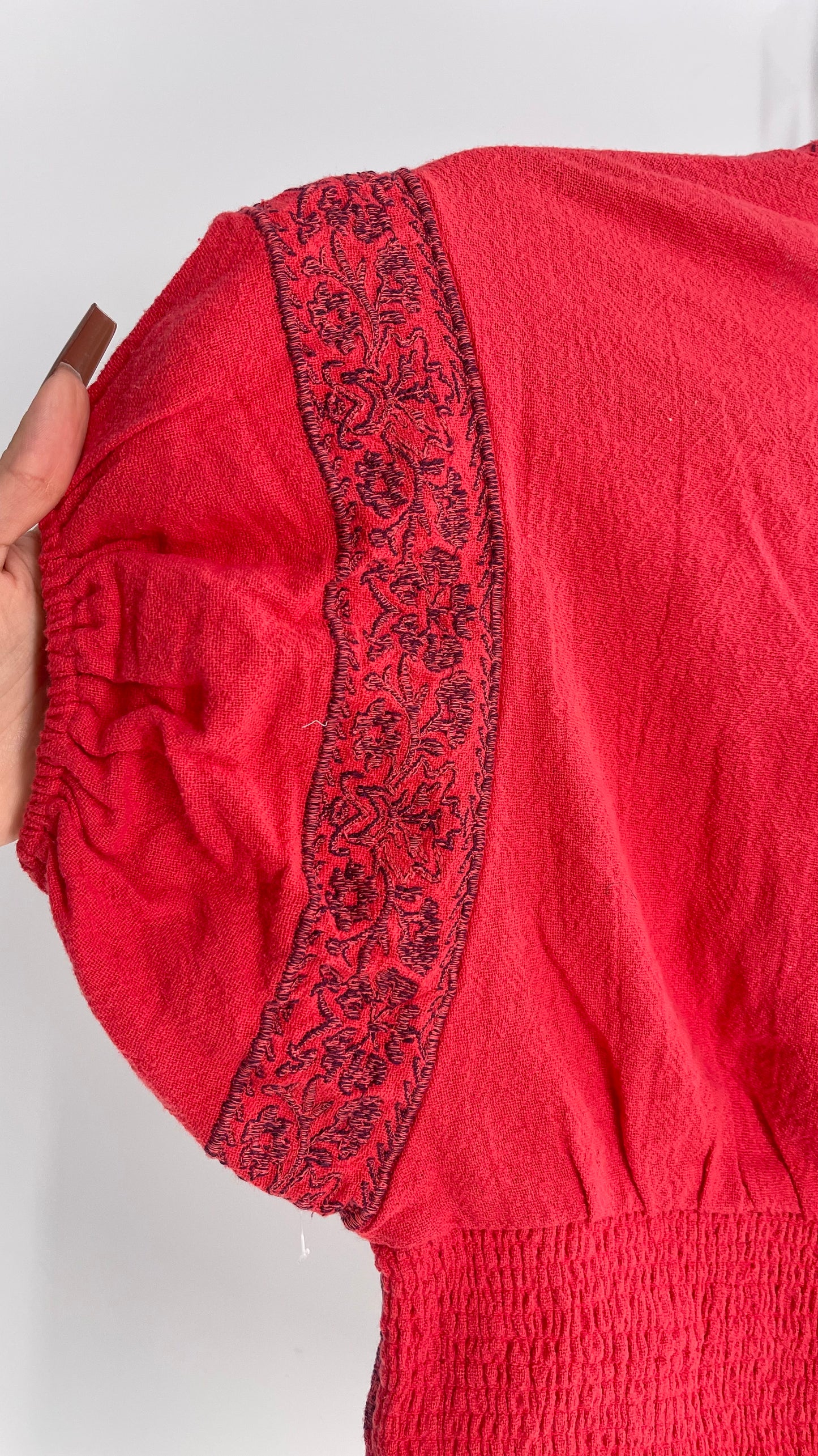 Free People Coral Red Puff Sleeve Top with Heavy Embroidery (XS)