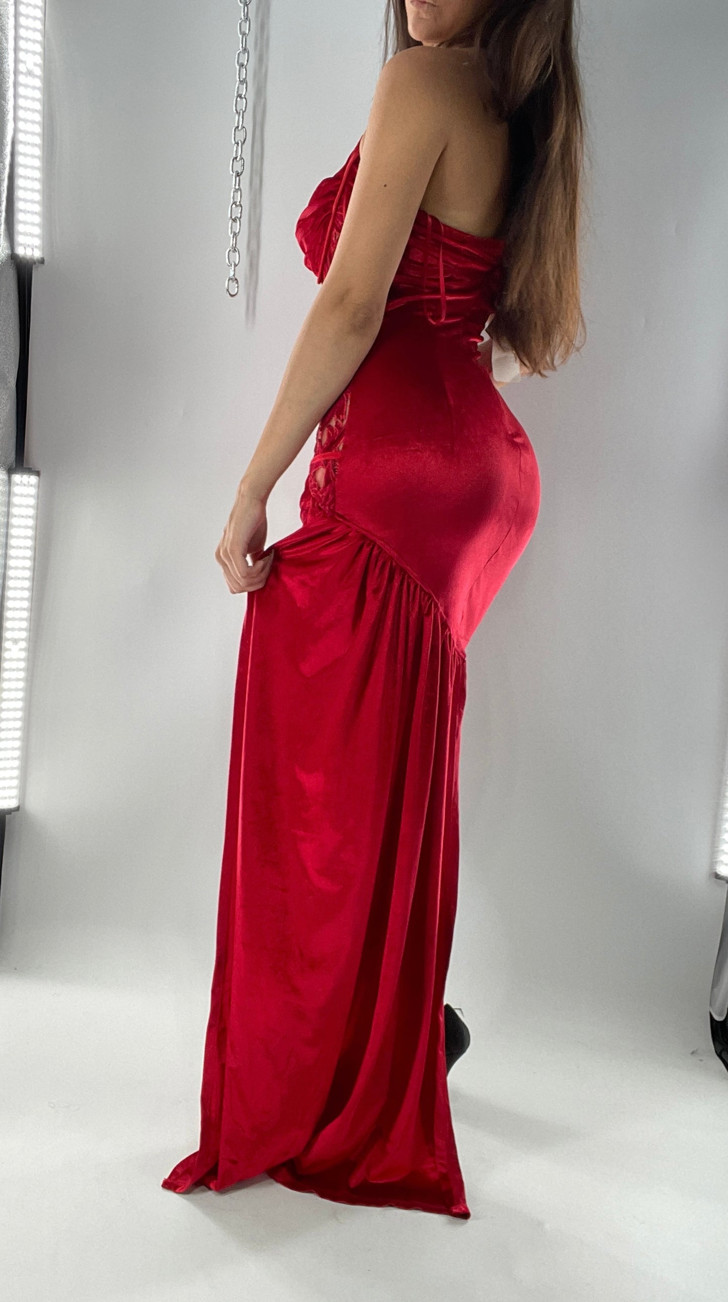 BANJUL Nalu Boutique Red Velvet Ultra Micro Mini Dress with Sheer Corseted Body, Ruched Cups and Side Sash (M)