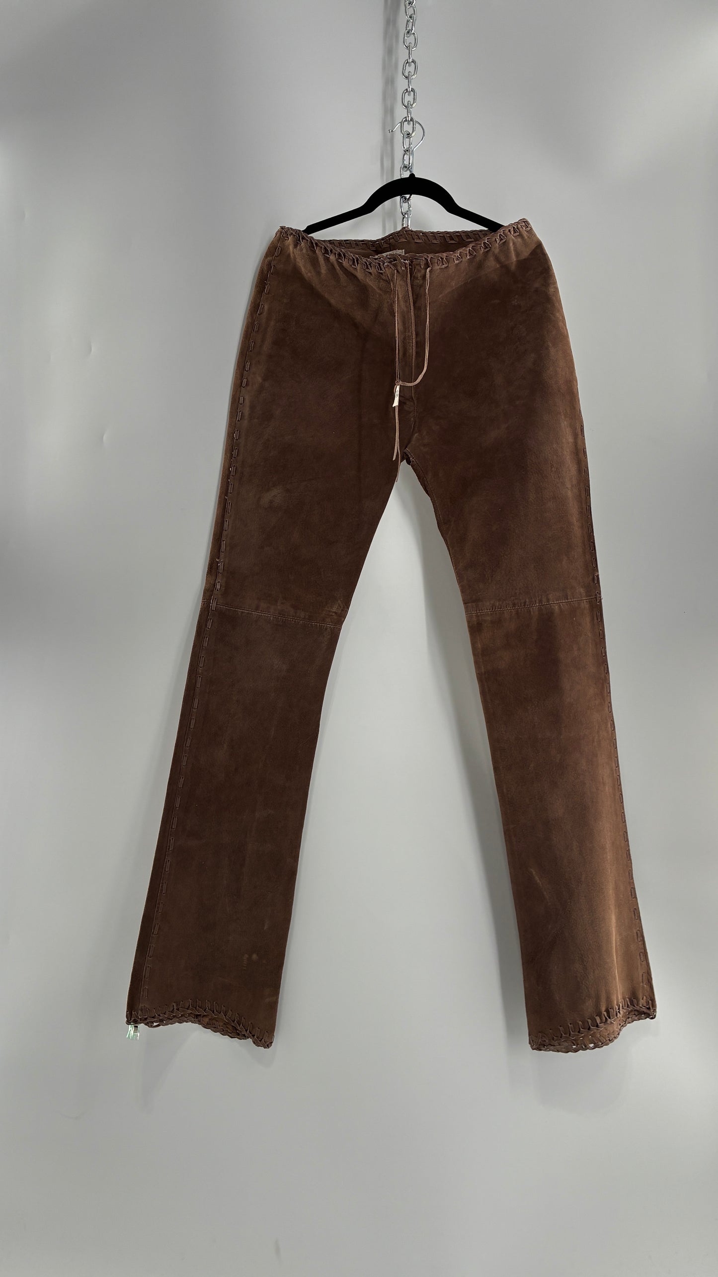 Vintage SWEET ROMEO Suede Leather Stitch Side, Braided Hem Pants (10)