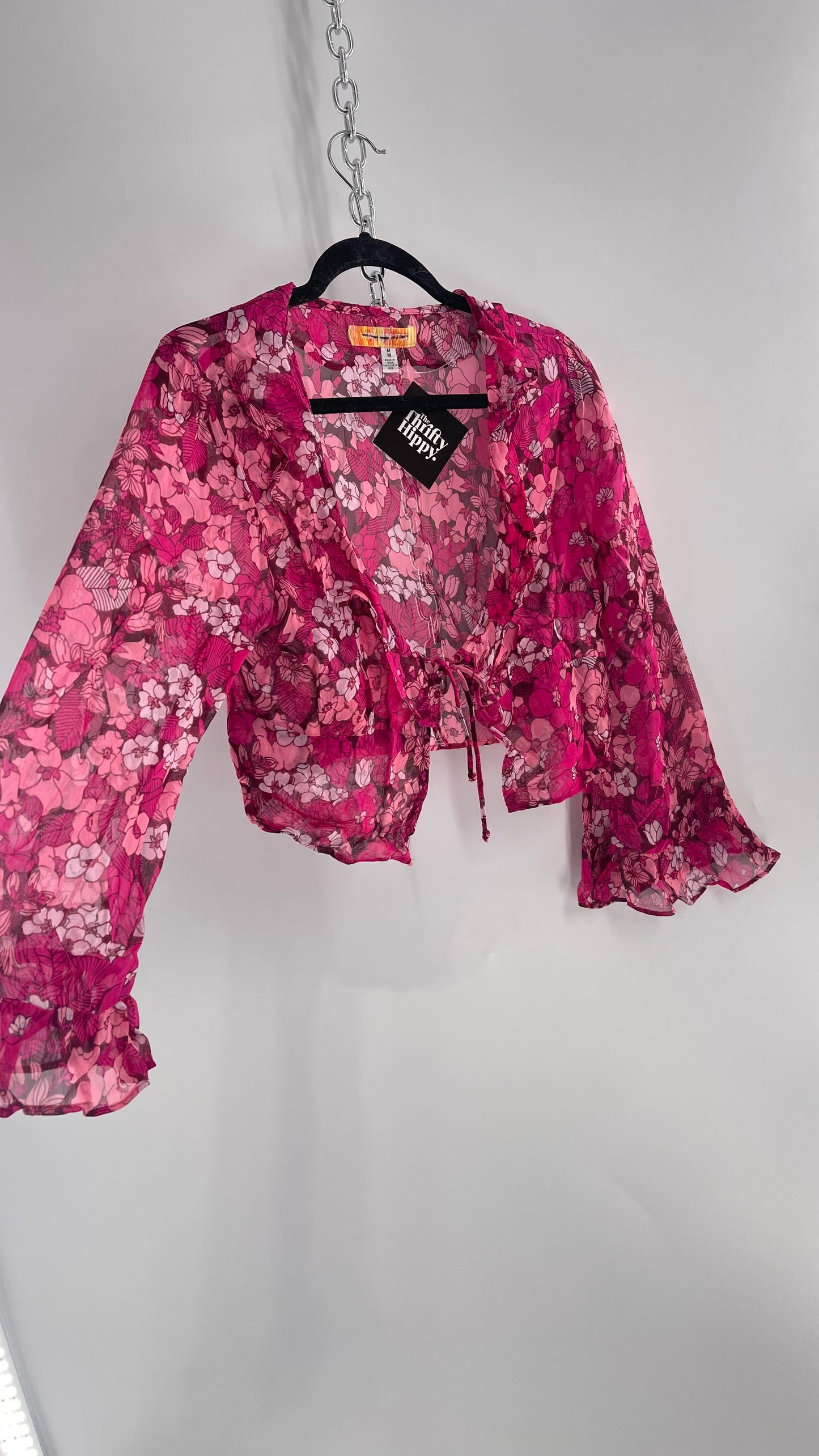 Urban Outfitters Fuchsia 100% Viscose Floral Tie Front, Ruffled Blouse