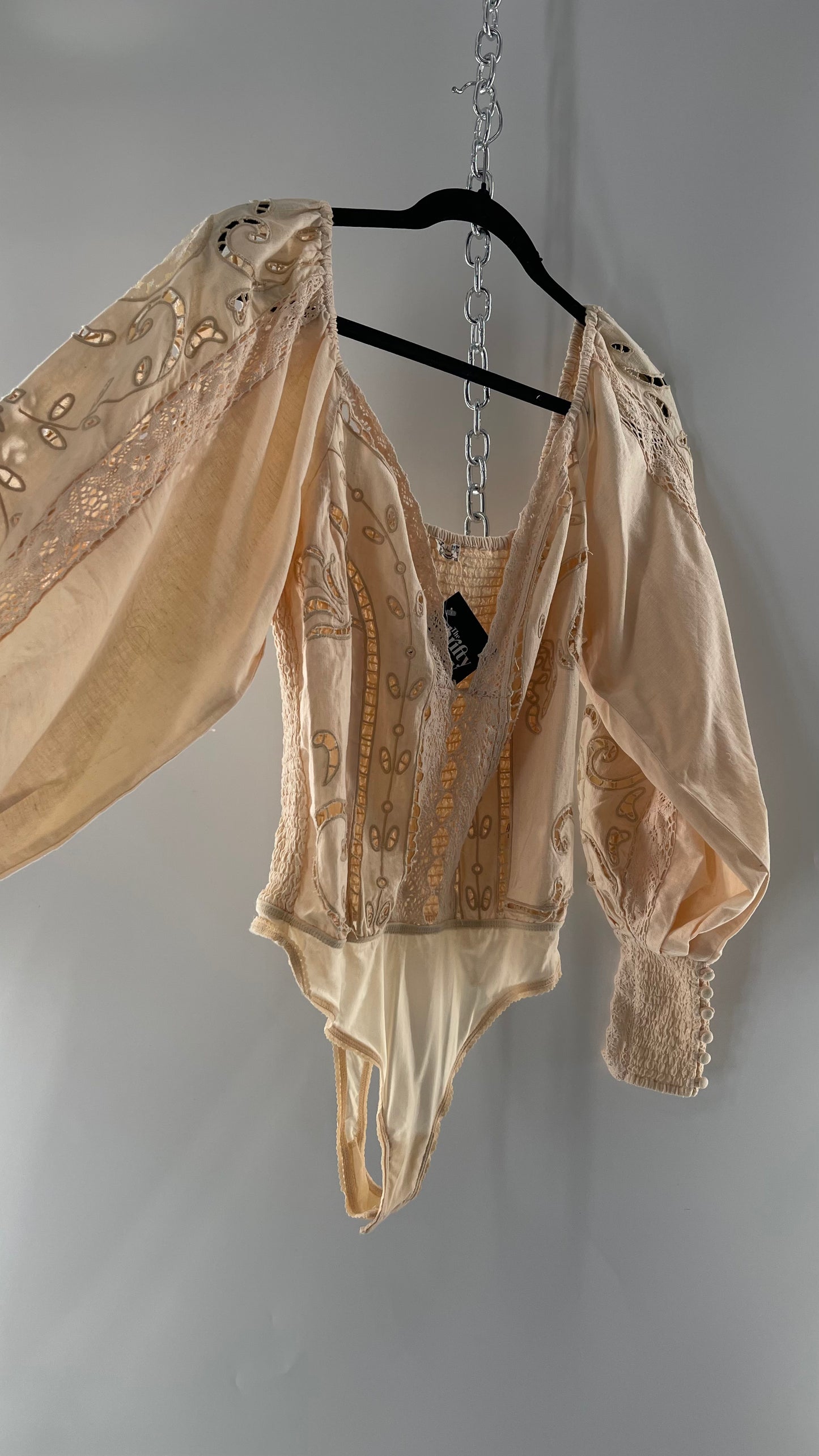 Free People Off White Cotton Bodysuit with Embroidered Lace Balloon Bishop Sleeve and Smocked, Buttoned Cuffs (Large)