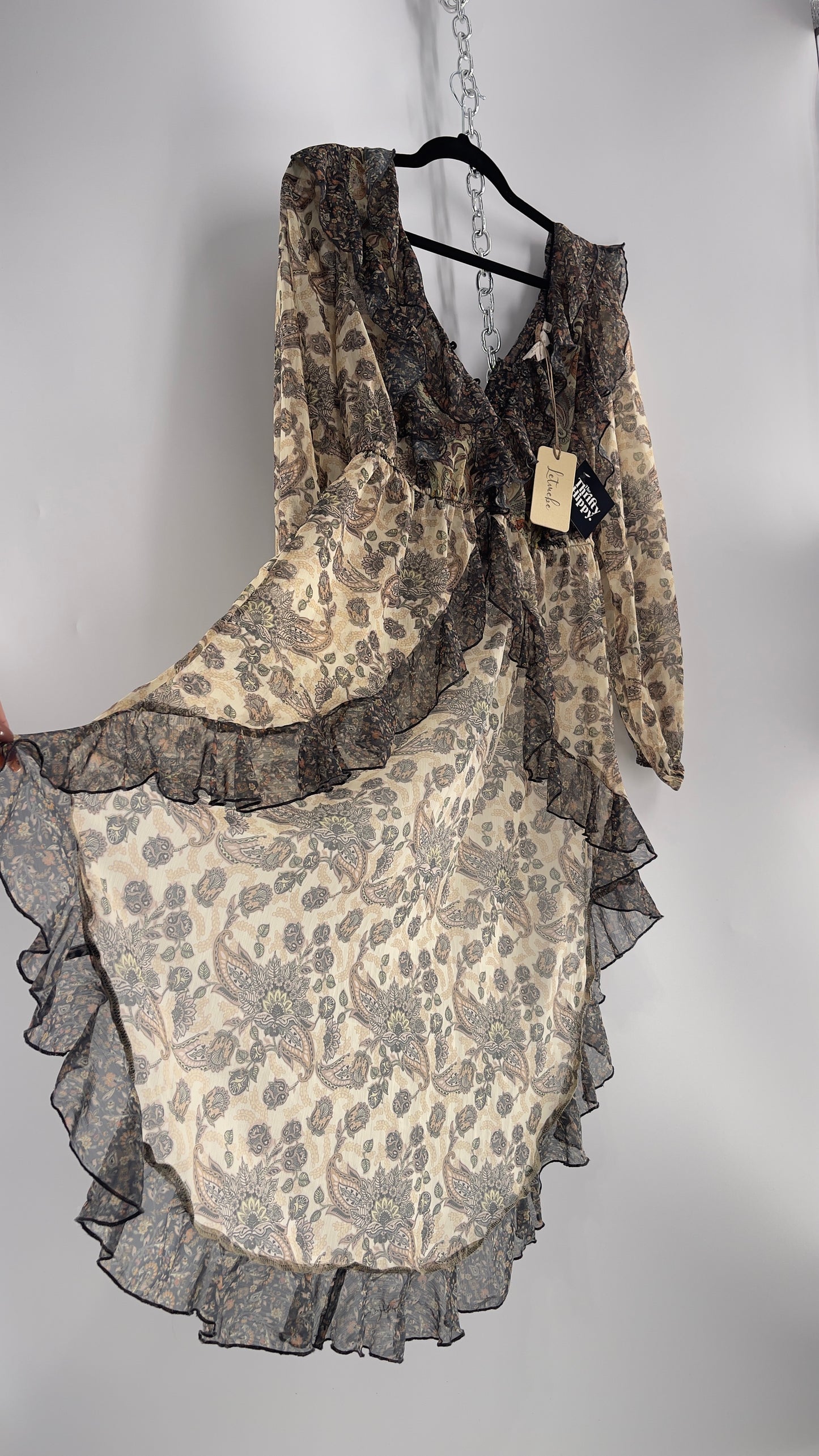 Free People Let Me Be Paisley Dual Toned High Low Sweeping Cape with Ruffled Bust and Hemline with Tags Attached (Small)