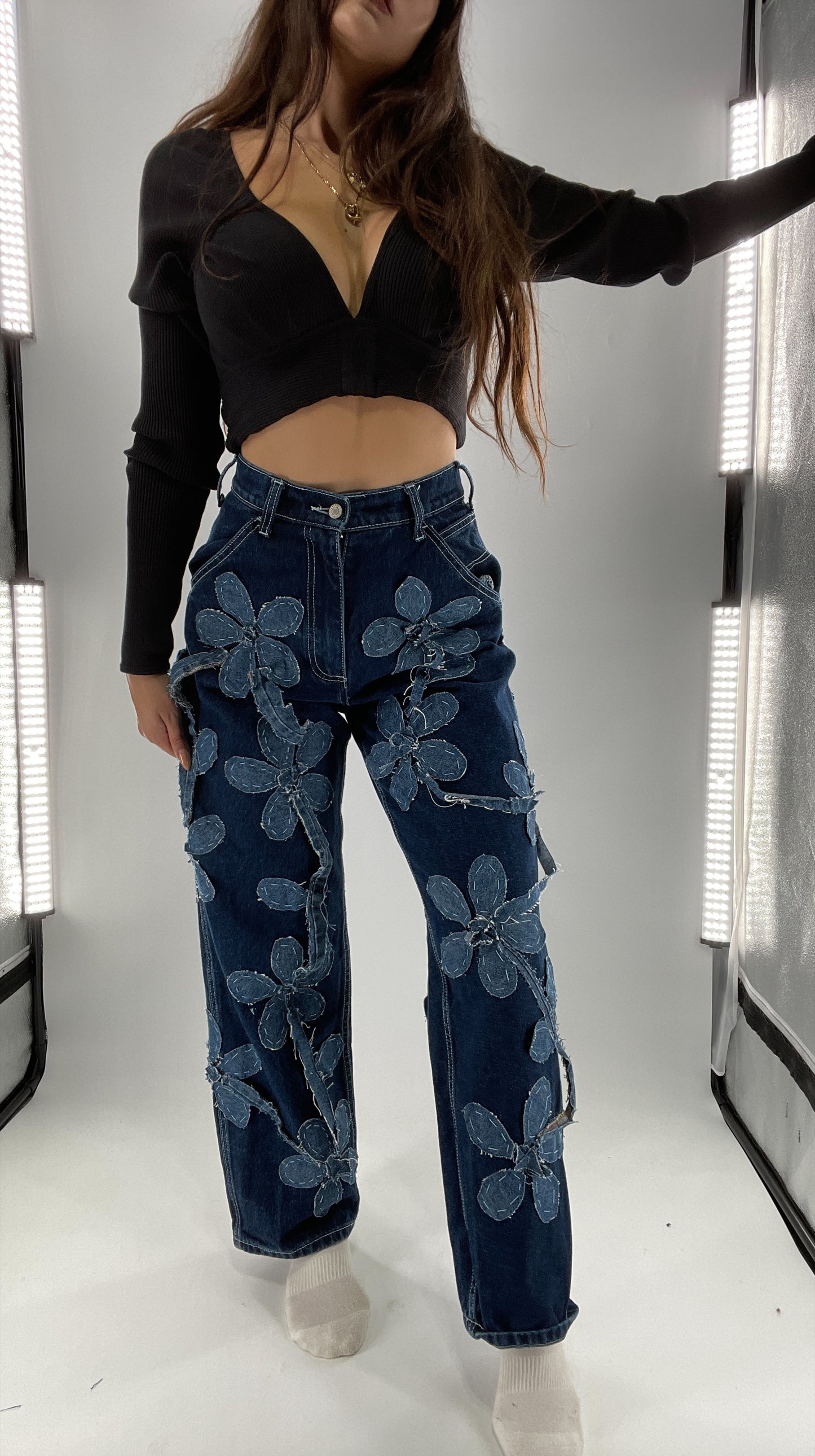 Handmade CUSTOM Dual Denim Tone Floral Vine Cargo Denims (S)