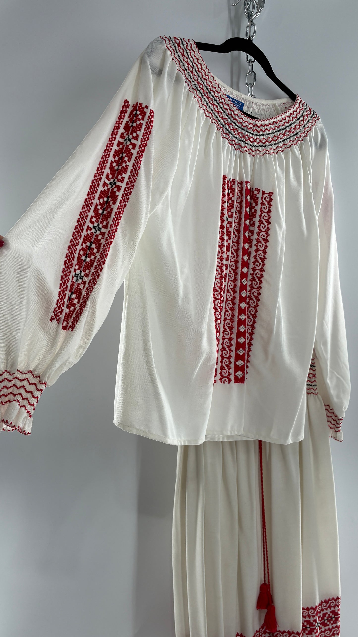 Vintage 1970s LUX FOLKLOR Budapest Handmade Cotton Long Sleeve and Skirt Covered in Red Embroidery and Stitching