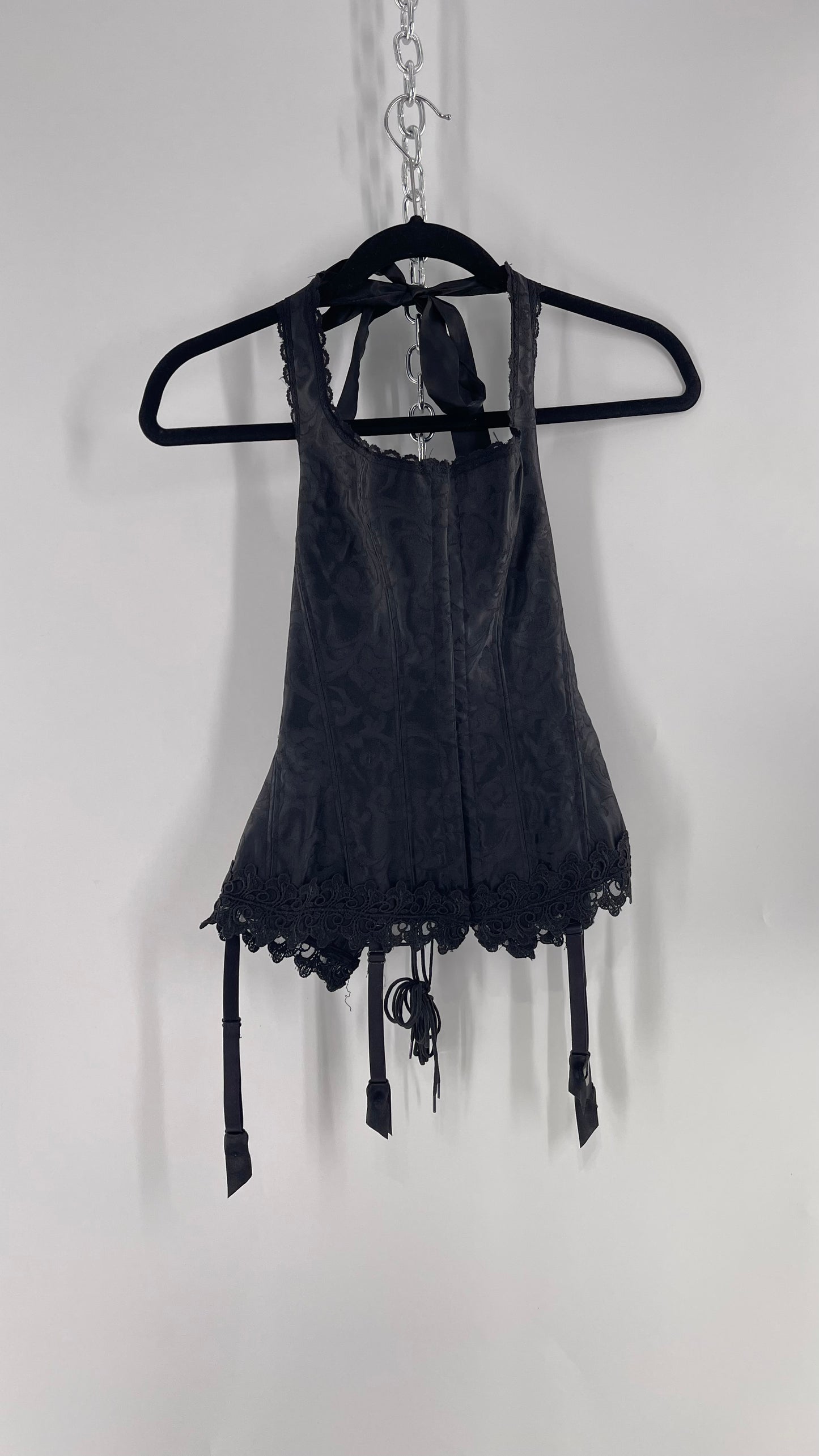 Vintage Fredericks of Hollywood Black Satin Brocade Lace Corset with Lace Tie Halter (32)