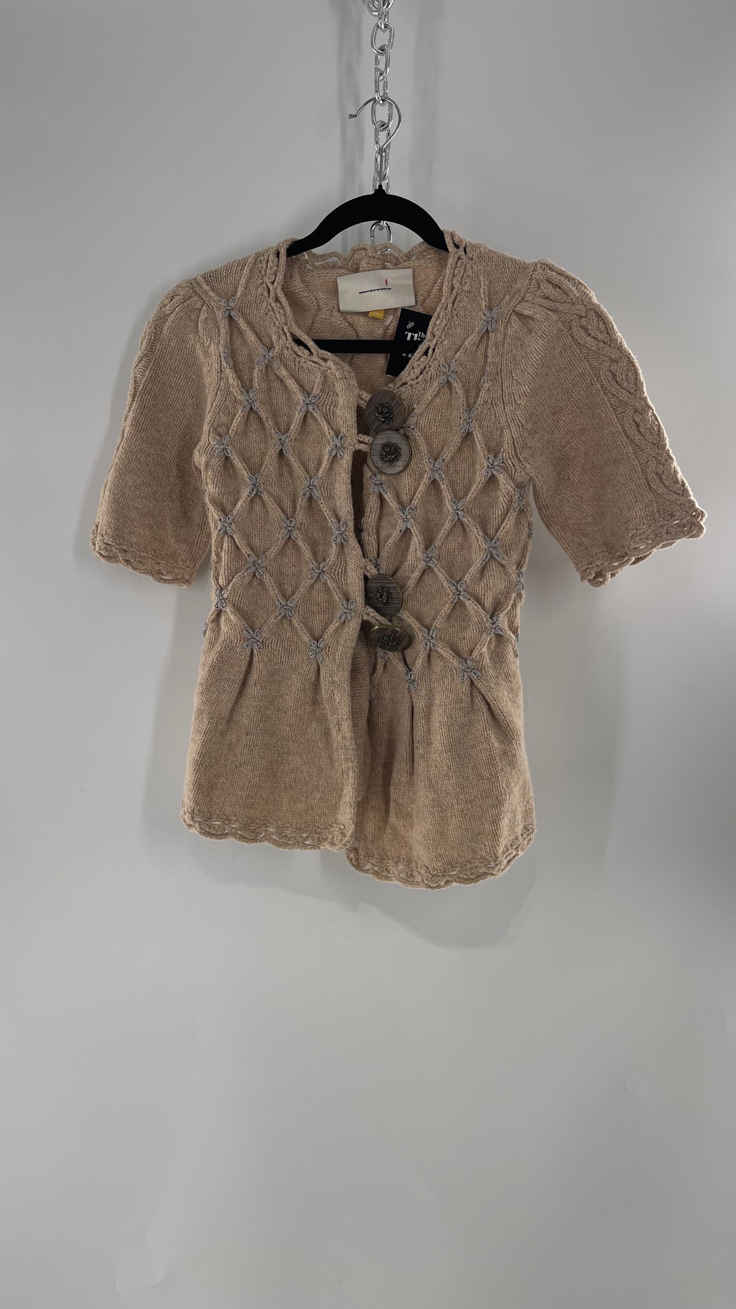 Anthropologie Leifsdottir Knit Argyle Embroidered Sweater with Oversized Statement Buttons (XS)