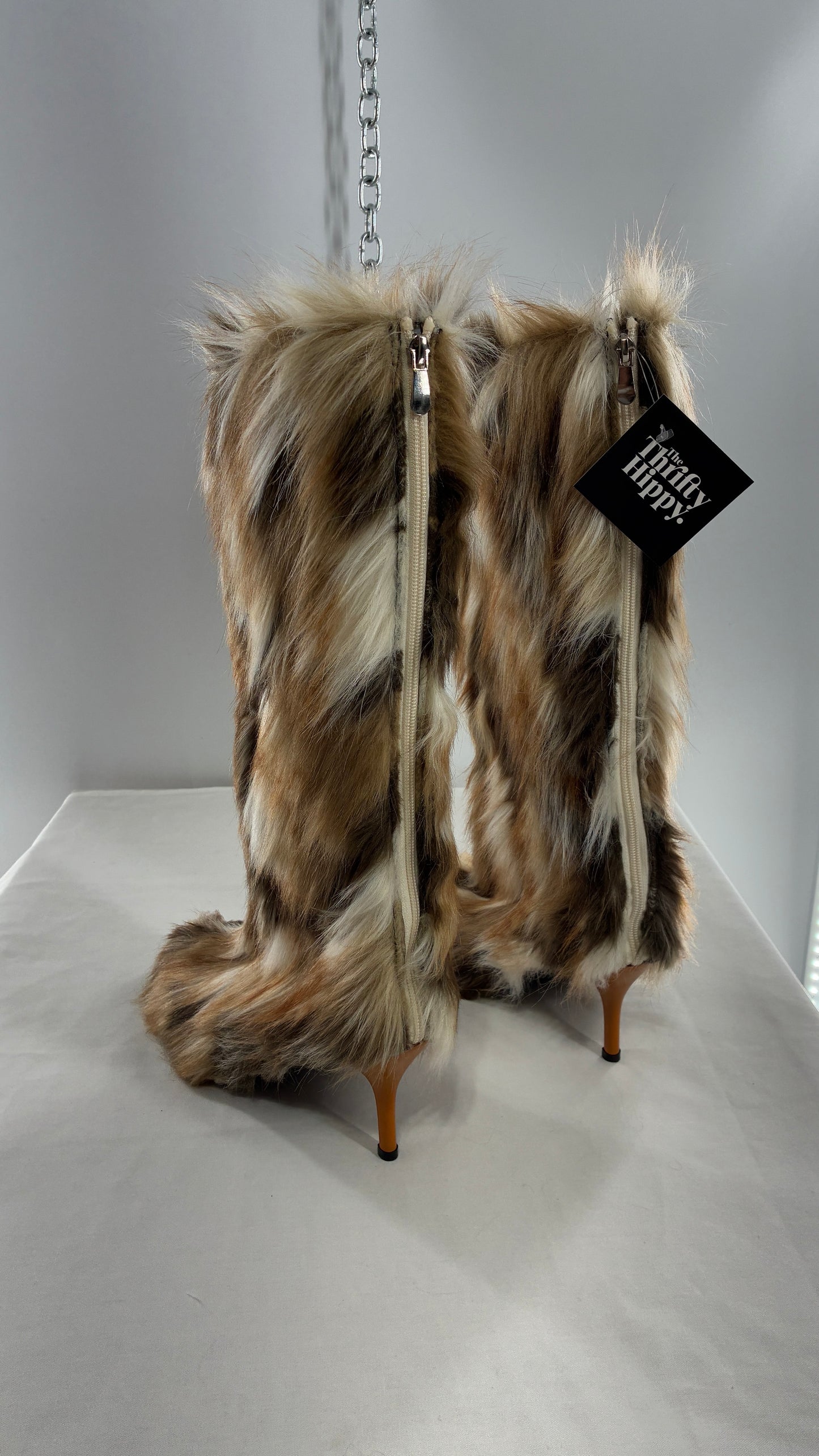 Vintage Mixed Tone Vegan Fur, Knee High, Pointed Toe Boots (43)