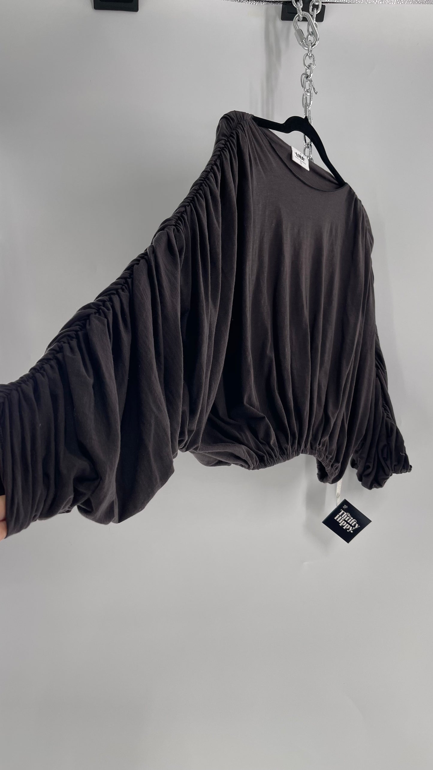 LNA California Made Free People Distopian Dark Grey Drape, Slouchy Ruched Long Sleeve with Tags Attached (Small)