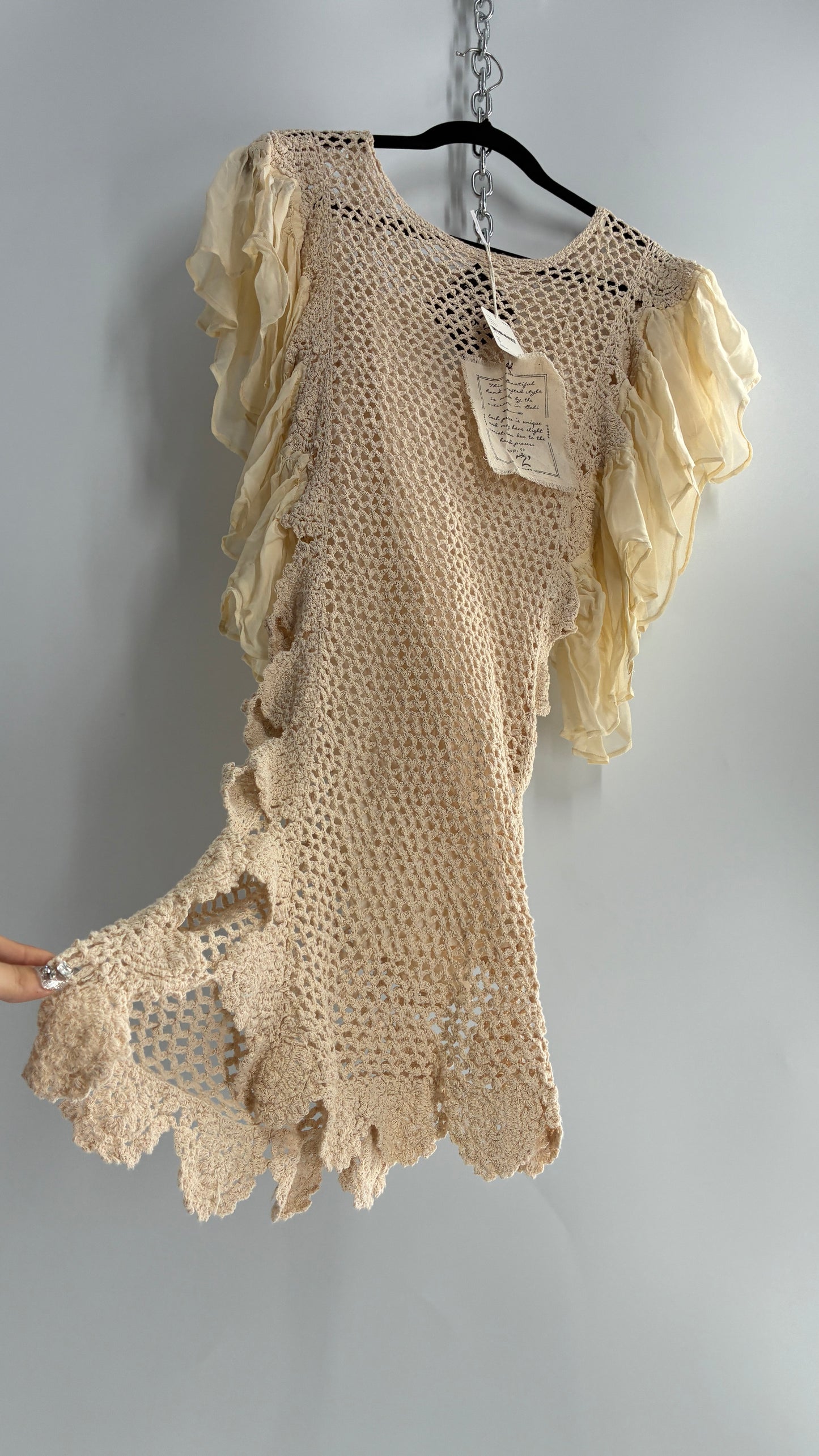 Free People Crochet Scalloped Open Side Dress with Ruffled Sleeve Details (S)