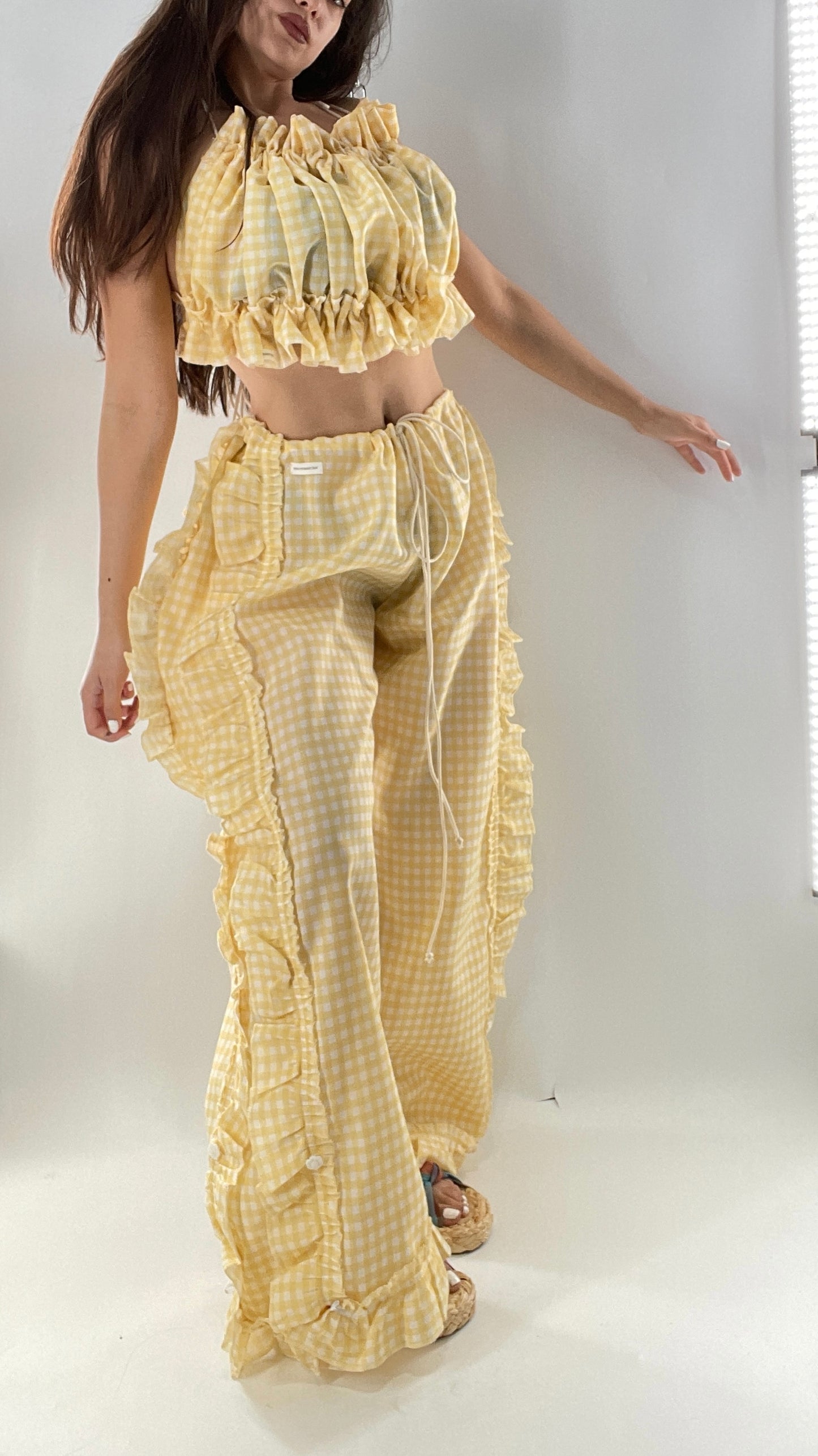 Vintage 2 Piece Yellow Checkered/Gingham Patterned Picnic Set with Ruched Bust Top and Ruffle Side Wide Legs with Adjustable Length, Strap Up Buttons on Hem (One Size)