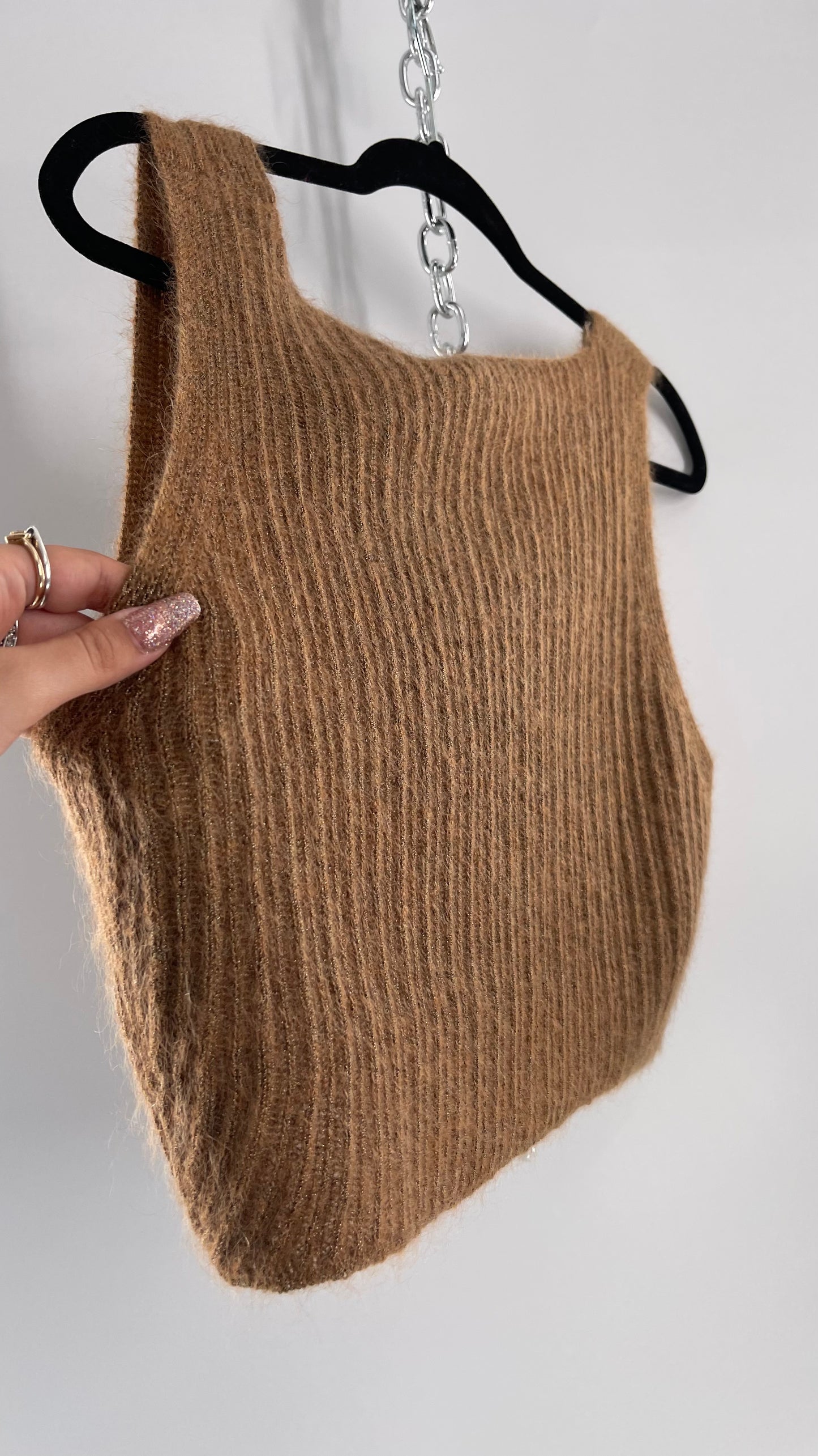 Vintage Anne Klein 42% Mohair Tan Knit Tank with Gold Tinsel (Large)