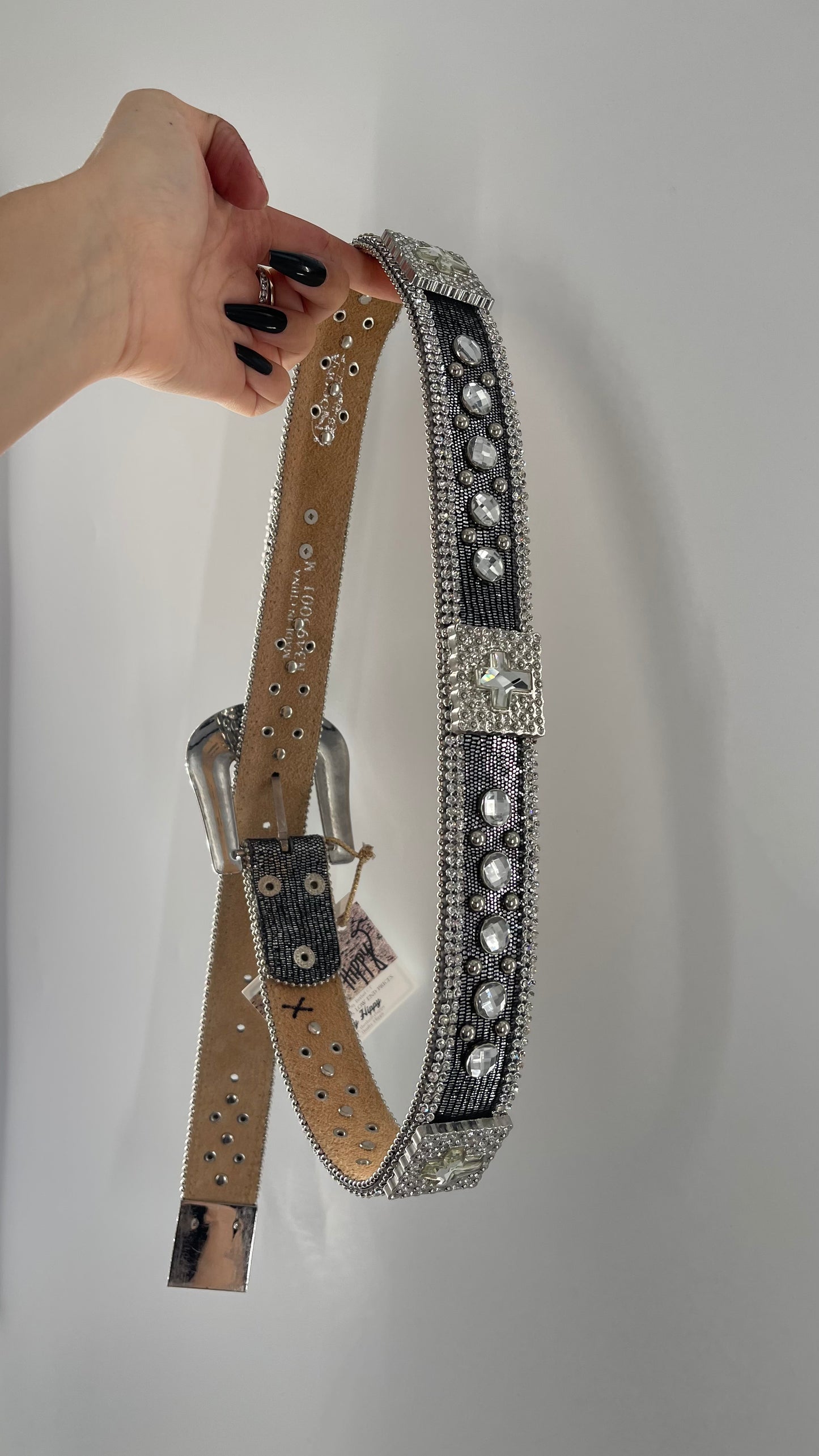 Free People Dark Silver Metallic Snake Print Belt covered in Crystal Embellishments and Heavy Metal Crosses (M)