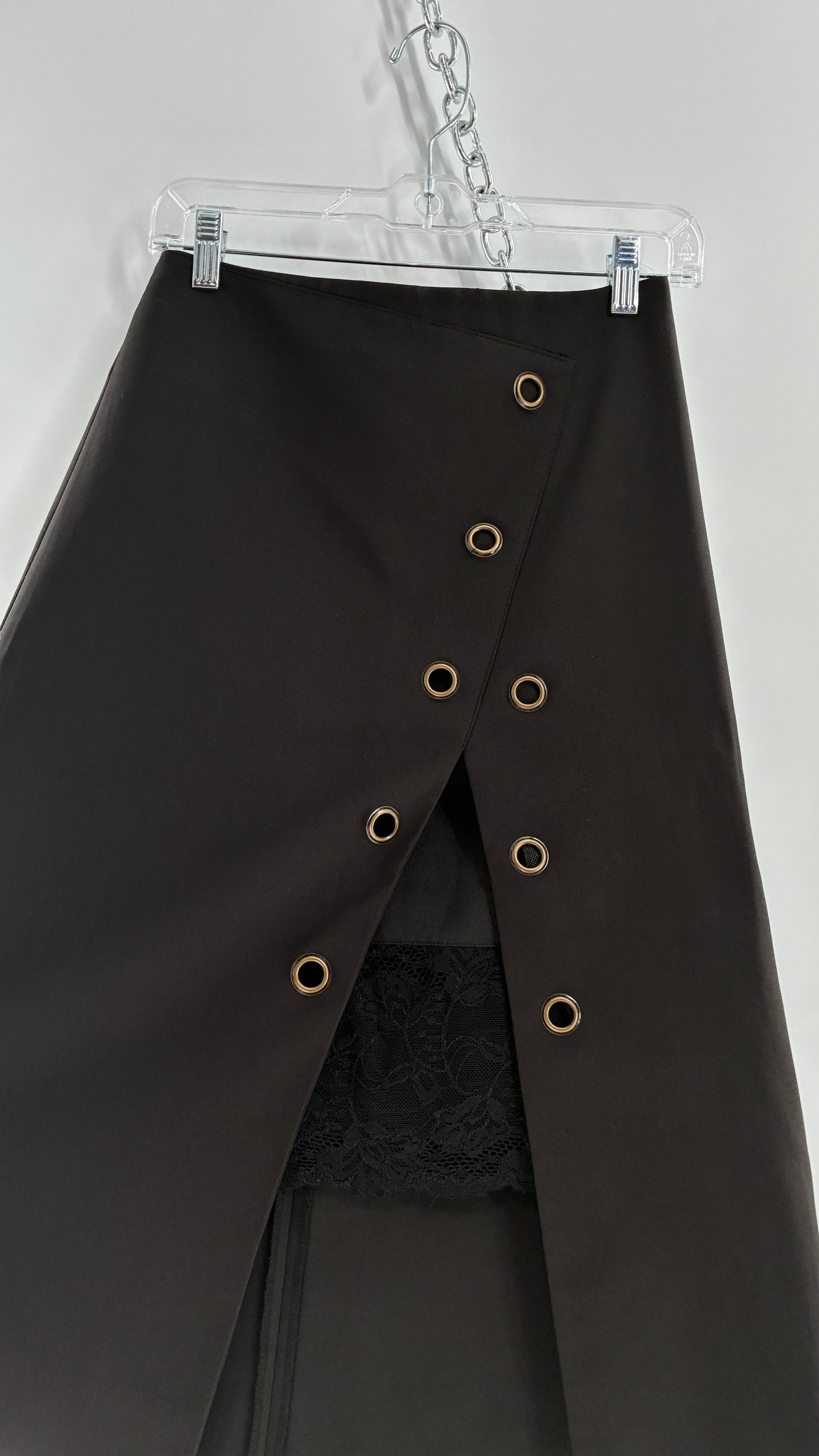 Vintage BYSI Black Skirt with Asymmetric Slit, Bronze Grommets and Lace Thigh Detail (EU36,UK8)