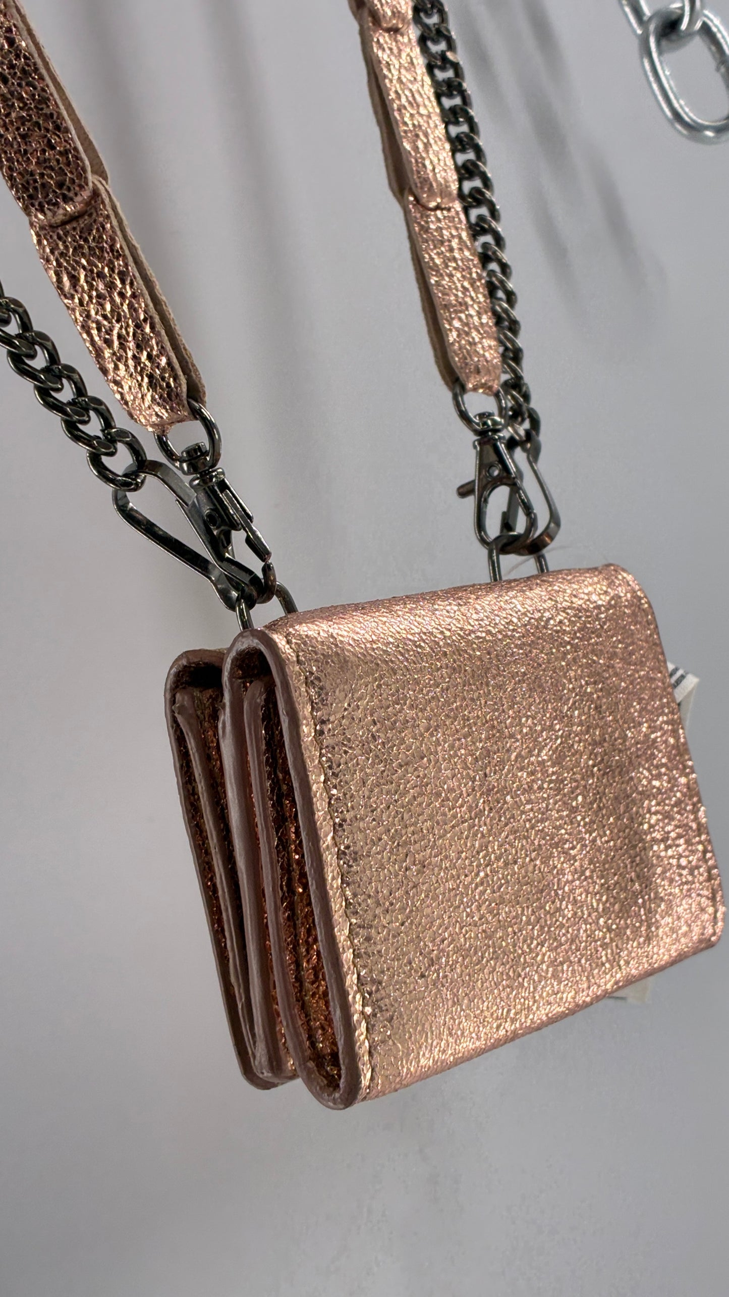 Free People Rose Gold Metallic Goat Leather Wallet with Leather and Chain Straps