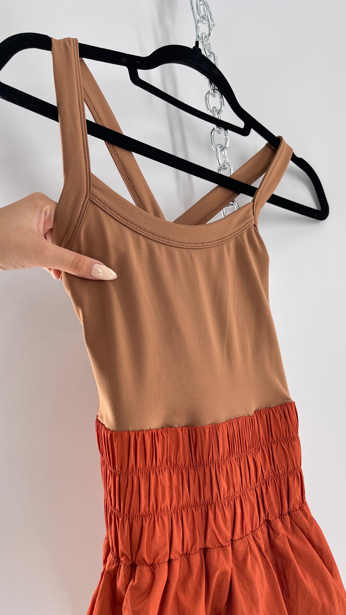 Free People Movement Tan Jumpsuit with Burnt Orange Parachute Shorts (XS)