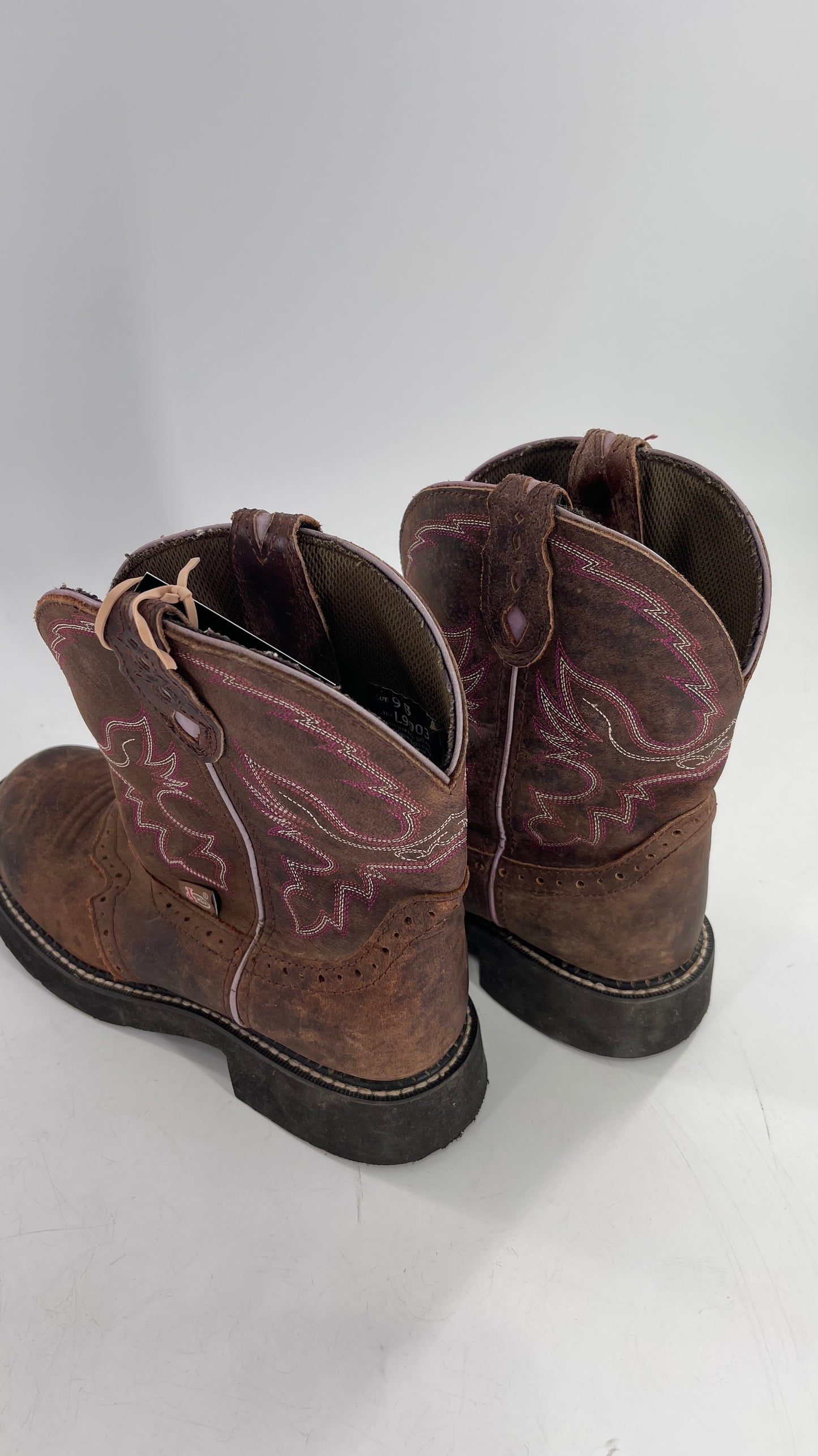 Justin Gypsy Edition Brown Leather Short Cowboy Boot with Pink Embroidery/Stitching (9)