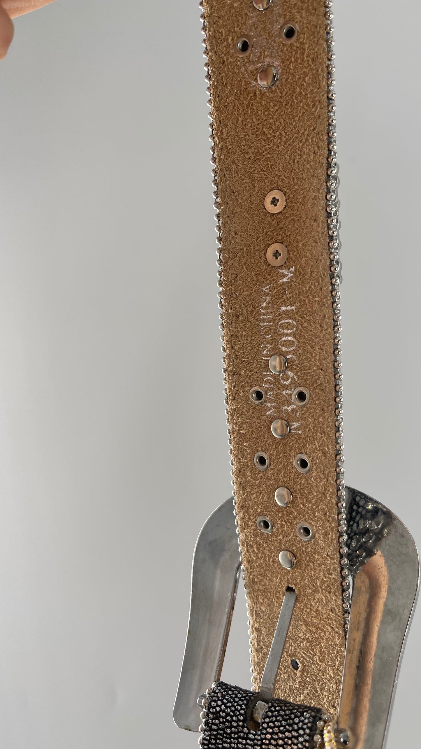 Free People Dark Silver Metallic Snake Print Belt covered in Crystal Embellishments and Heavy Metal Crosses (M)