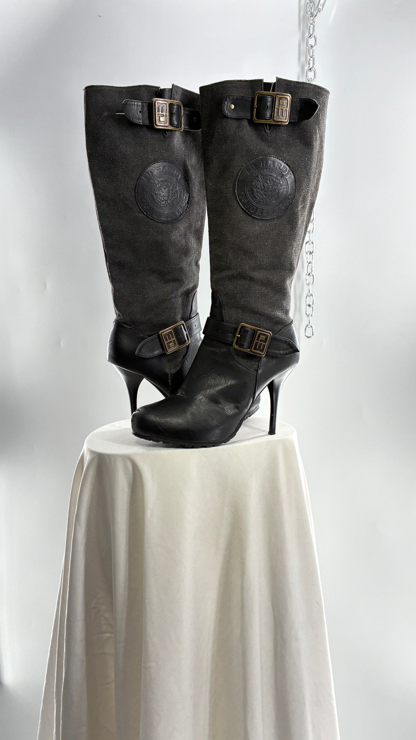 Vintage ED HARDY Stiletto Boots with Embossed Buckles and Badges (9)
