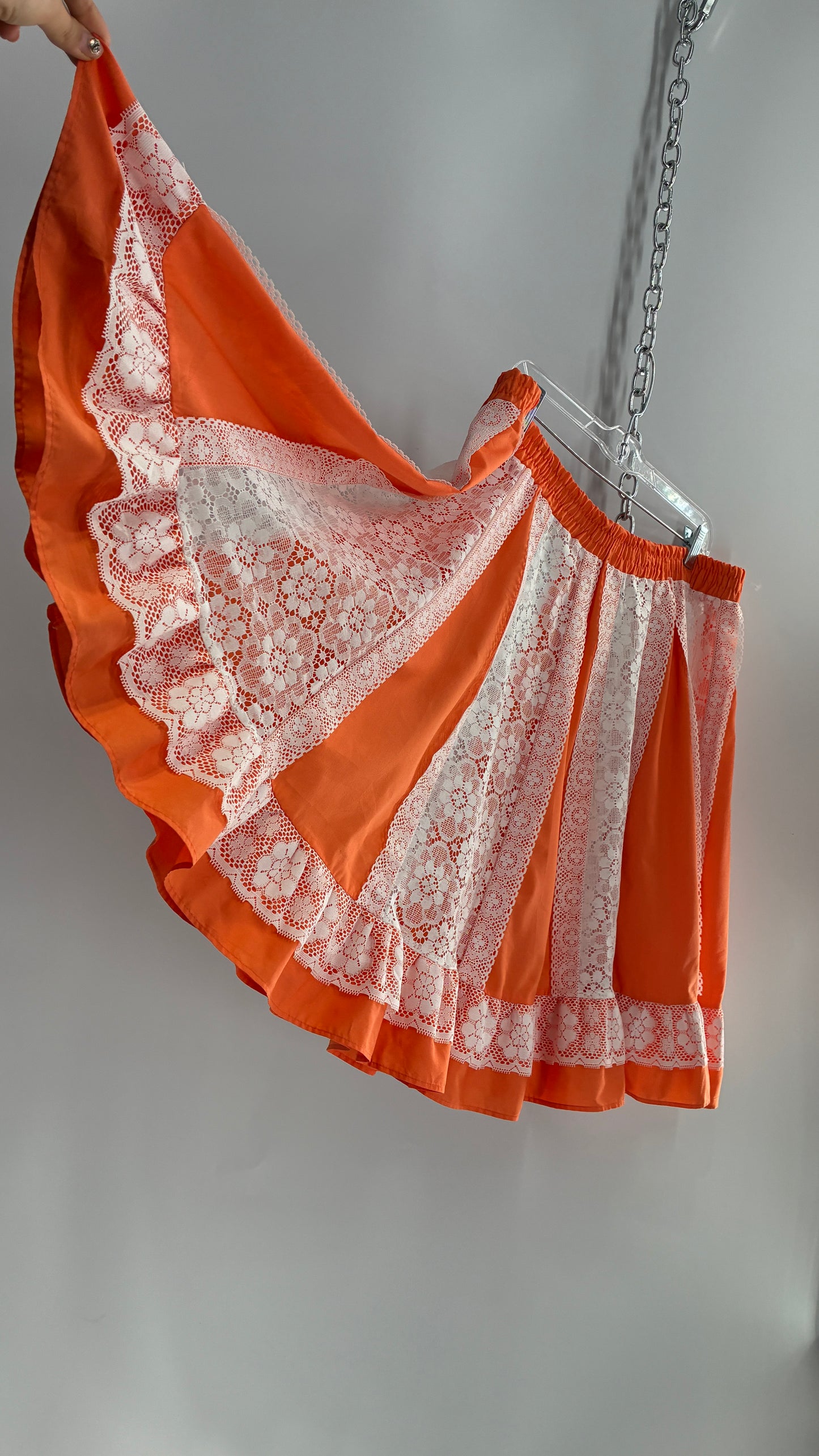 Vintage 1970s Handmade Sheer Lace Paneled Orange Mini Skirt (XL)