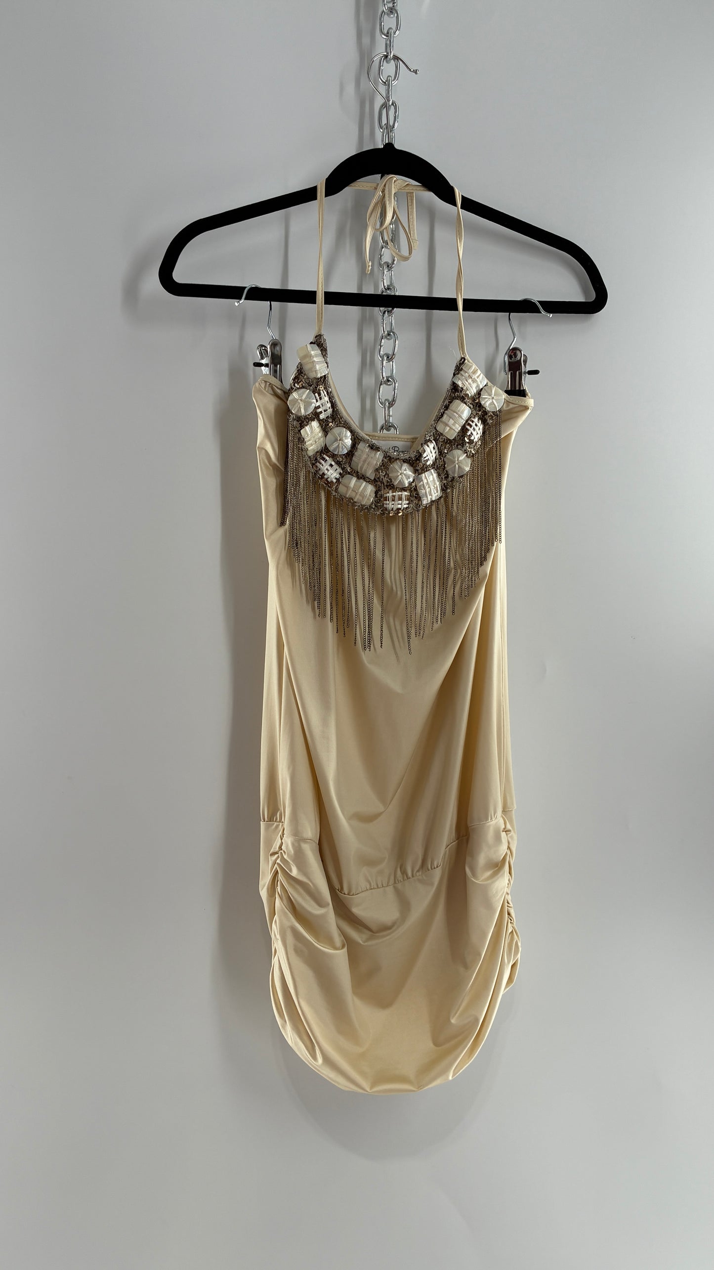 Beach Bunny Ivory Lycra Balloon Hem Mini Dress with Exaggerated, Beaded and Metal Chain Neckline (Small)
