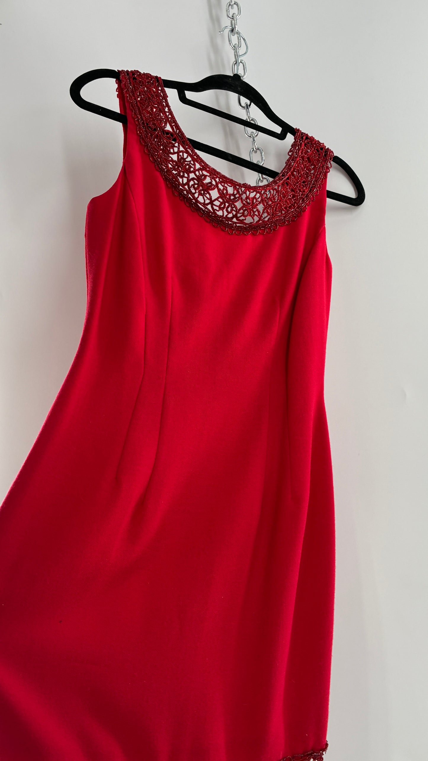 Vintage CARMEN MARC VALVO Red 100% Fitted, Tailored Wool Dress with Beaded Hem and Neckline (6)