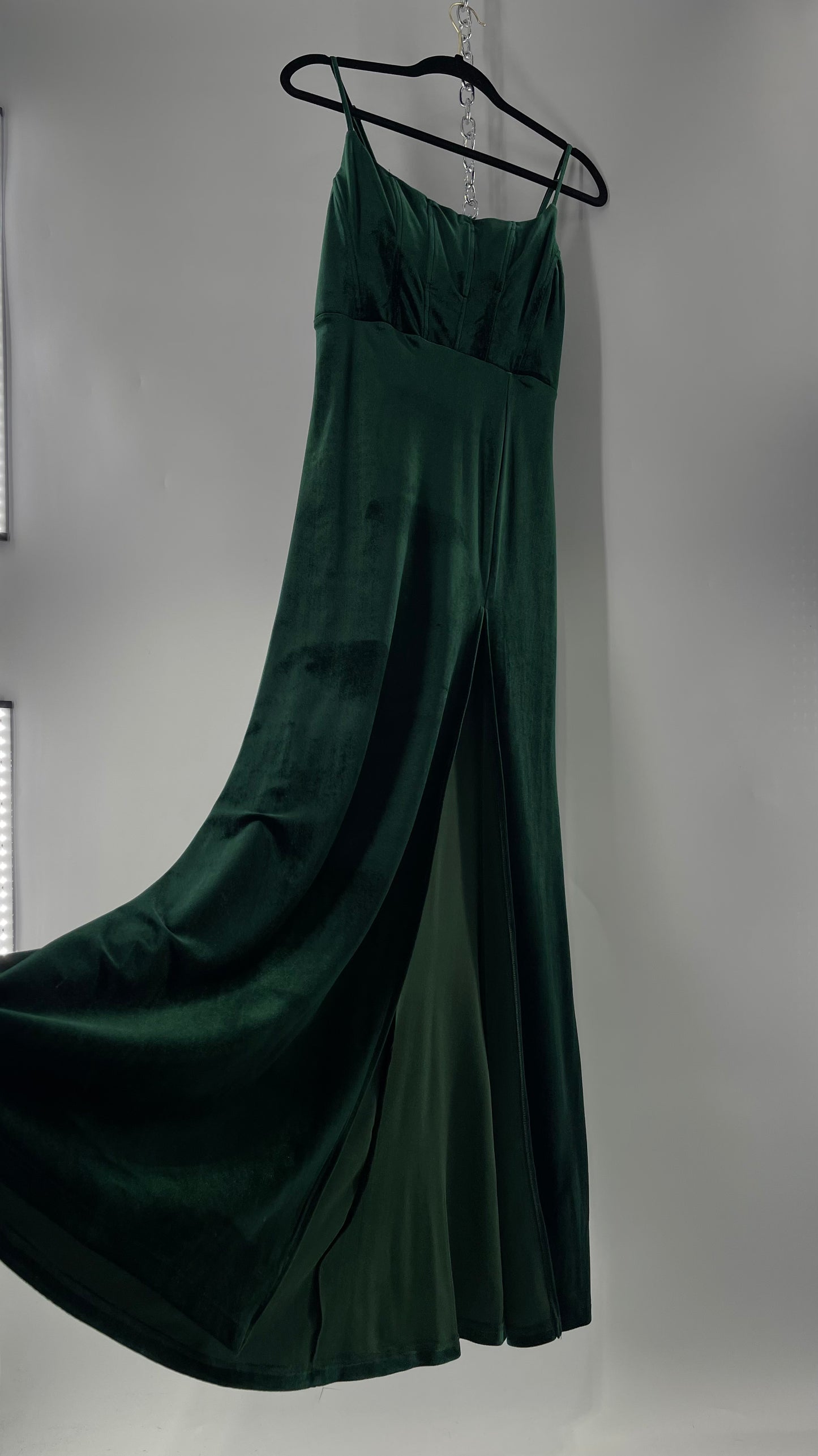 Windsor Forest Green Velvet Maxi Dress with Corseted Bust and Side Slit (11/12)