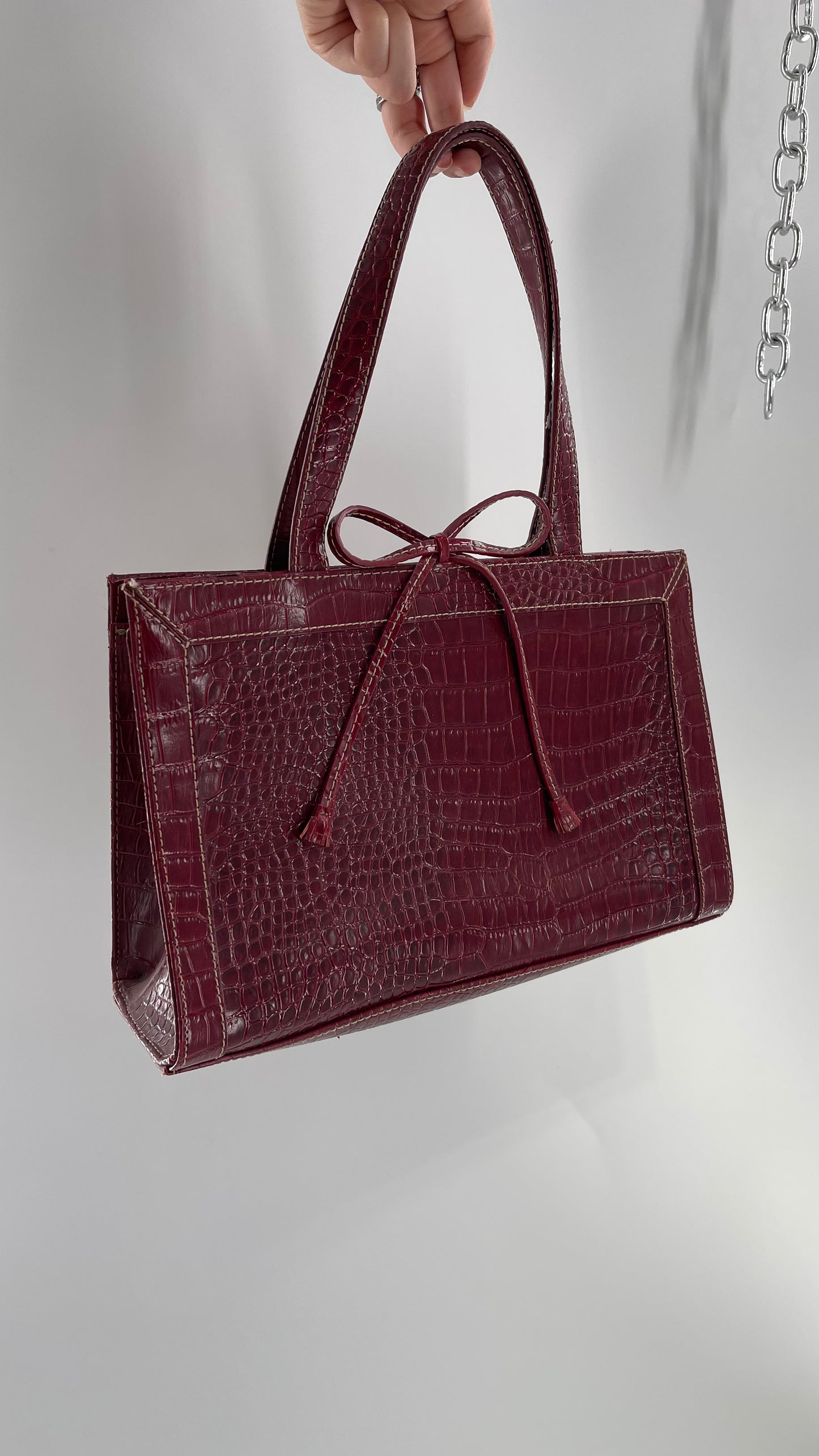 Vintage Liz Claiborne 1990s Cherry Red Crocodile Embossed Structured Bow Bag