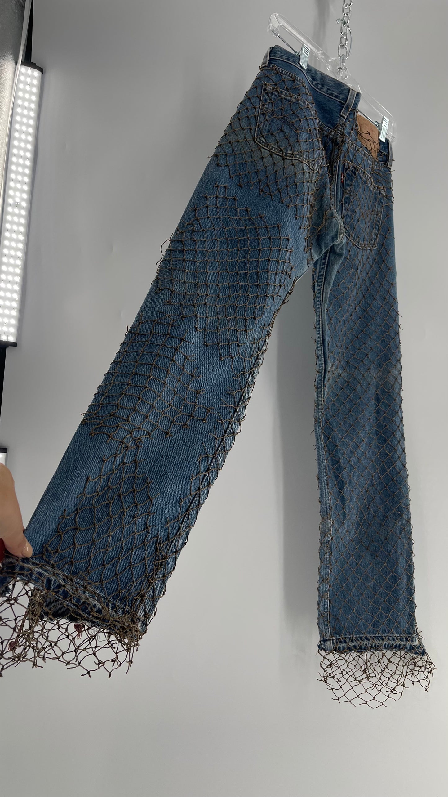 Custom - Fishnet Levi’s with Grommets and Lace Up Sides (Waist 29 Length 30) Fits Like a 26*
