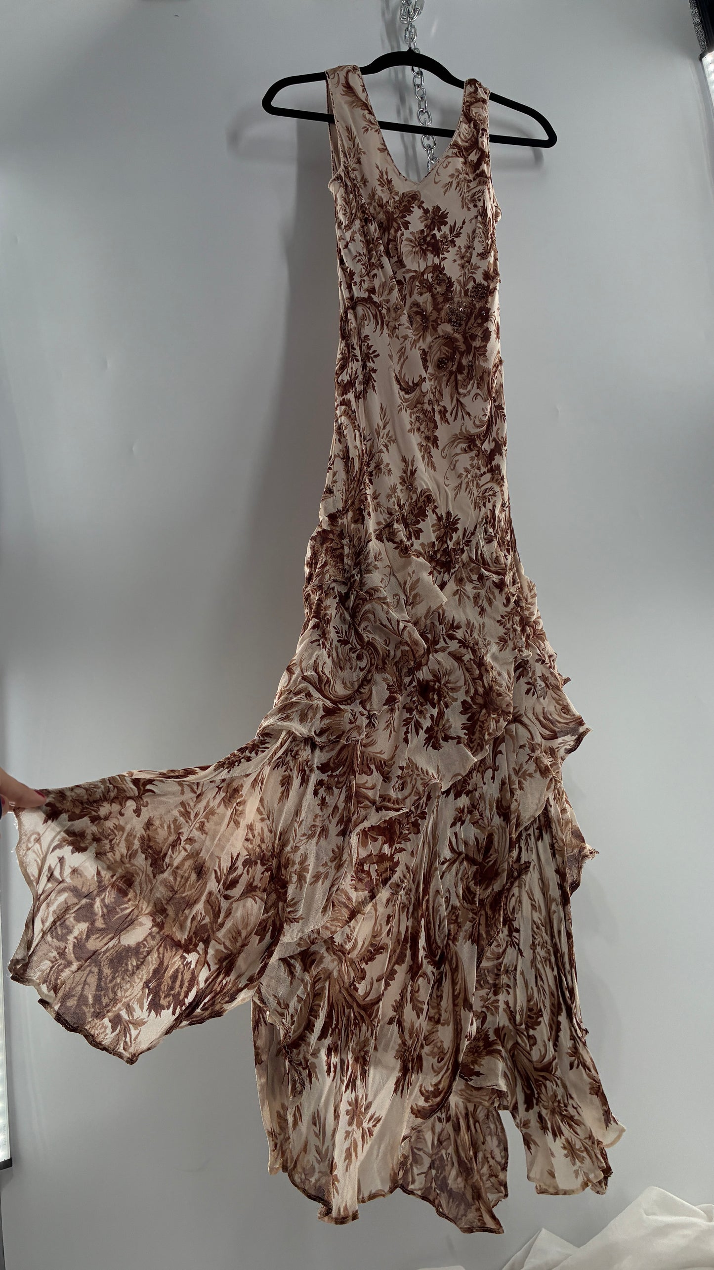 Vintage MAJICK 1990s Brown Floral, Asymmetric Ruffled Hem Gown with Embroidered Sequin Details (Medium)