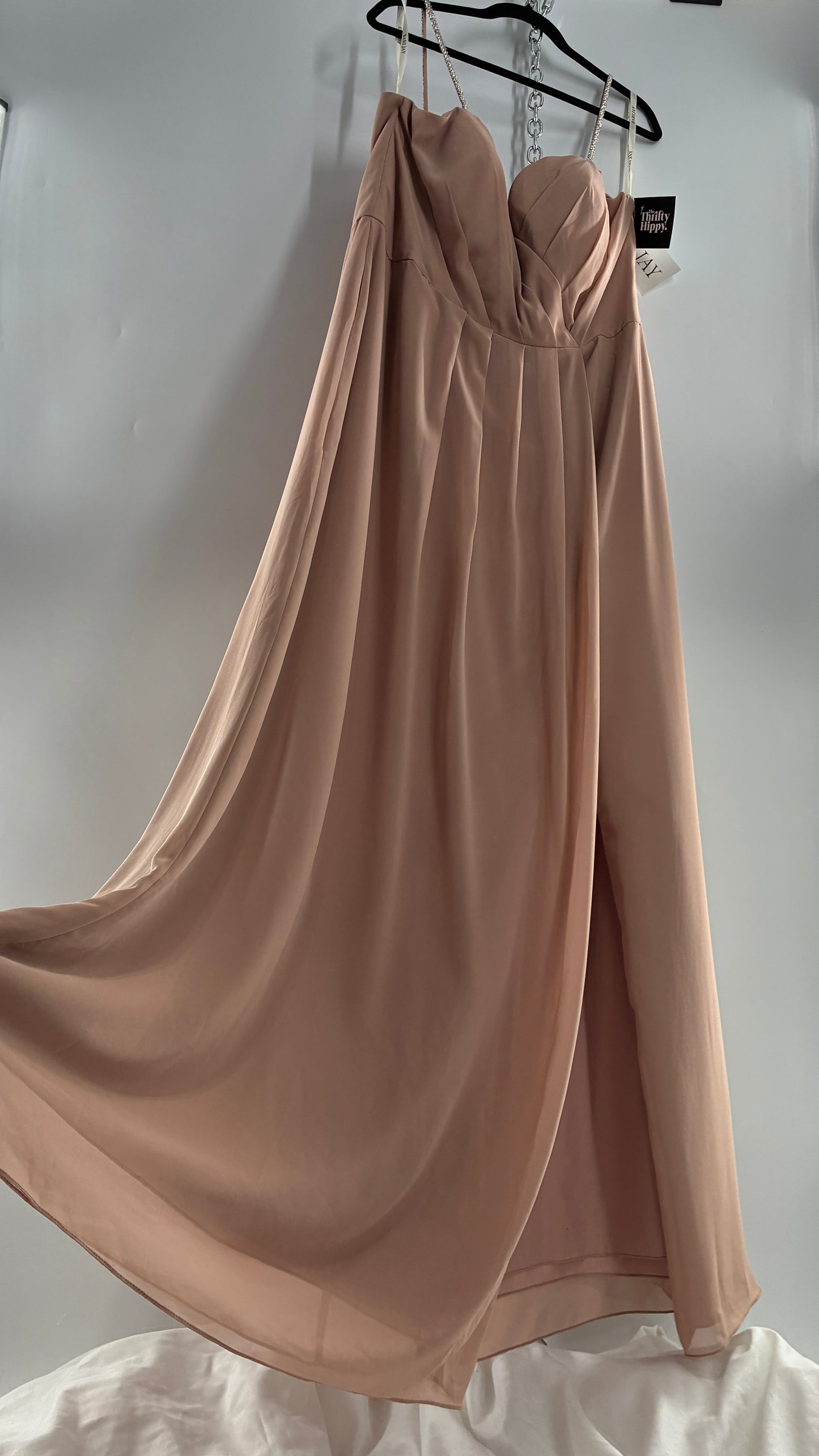 Vintage BARI JAY Nude/Blush Pink Full Length Dress with Embellished Straps and Side Slit Detail (16W)