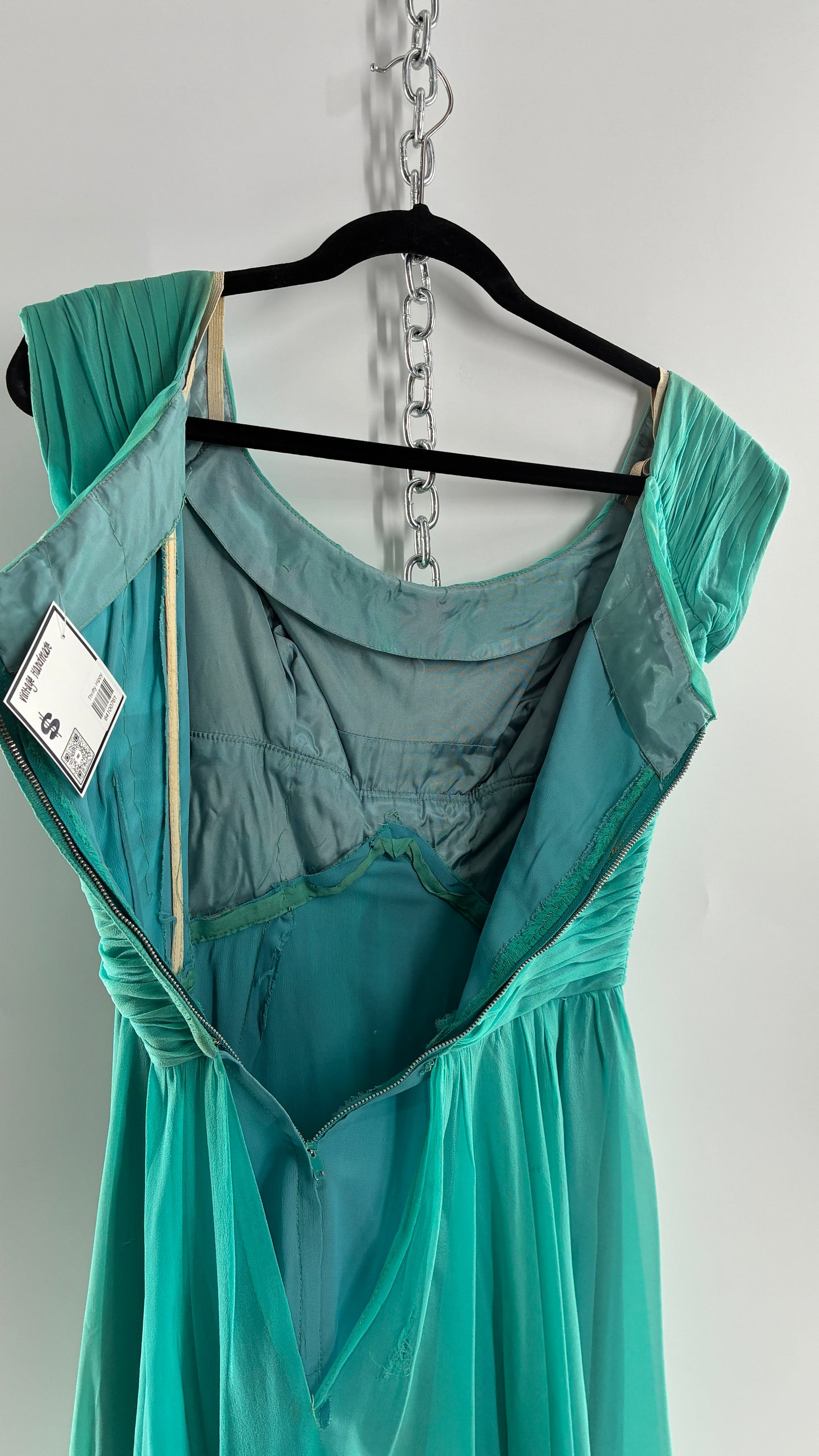 Vintage Teal Handmade Mini Dress with Pleated Basket Woven Bust (XS)