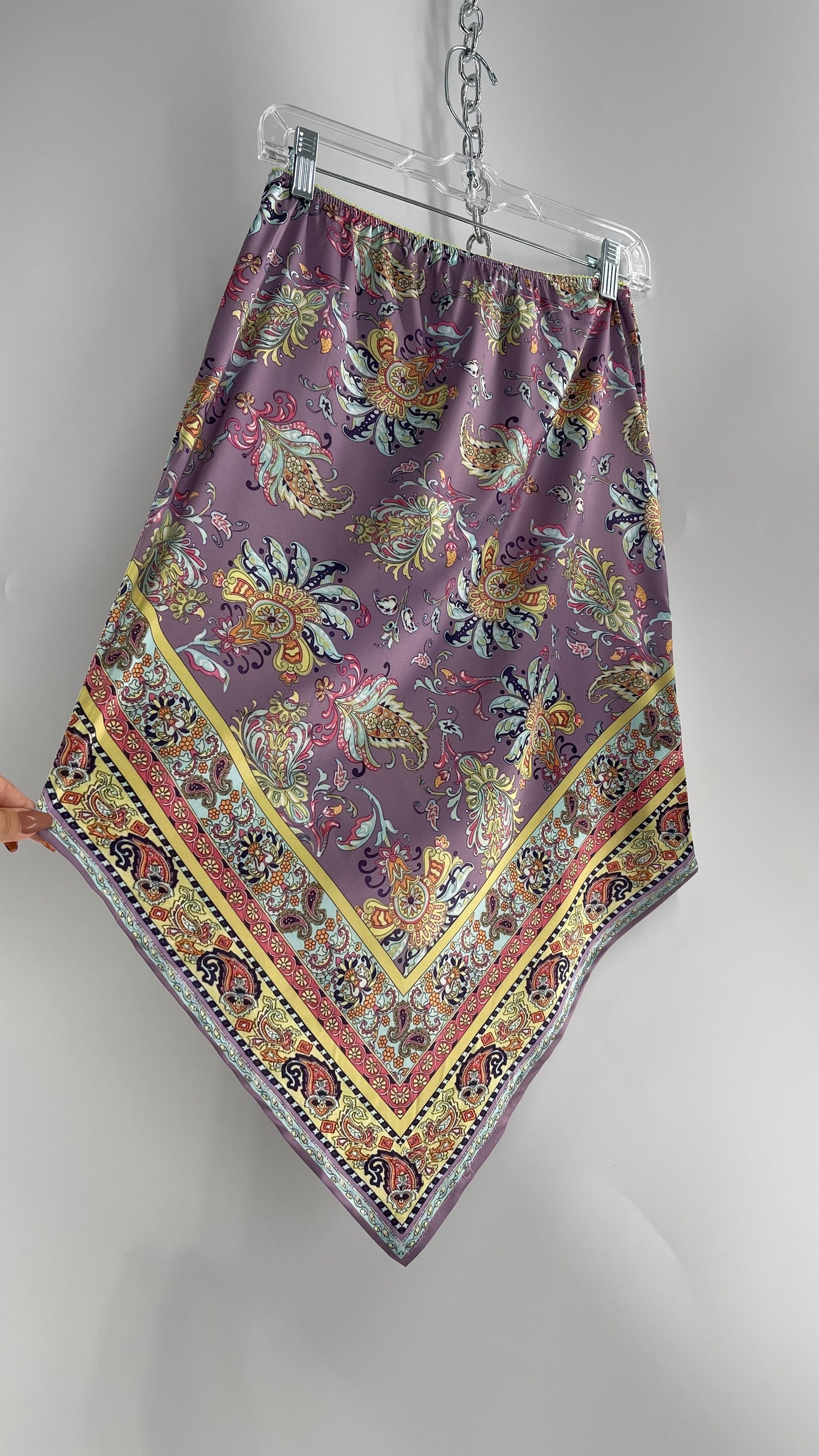 Urban Outfitters Lavender Satin Paisley Handkerchief Hem Skirt with Light Green Ribbon Waistline (Small)