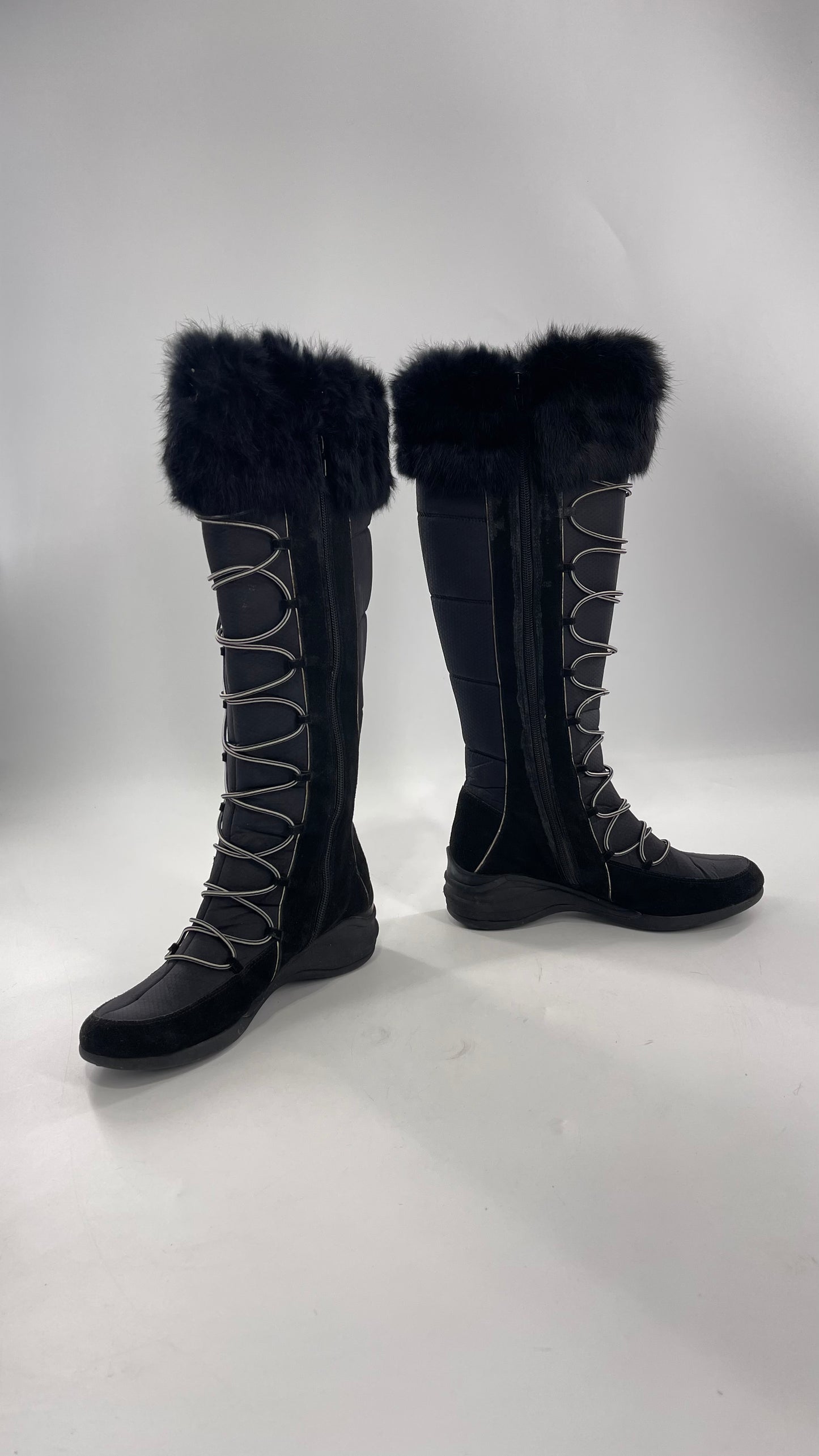Baby Phat Black Knee High Boots with Rabbit Fur Trim, Bungee Cord Ties, and Embroidered Logo Design (8)