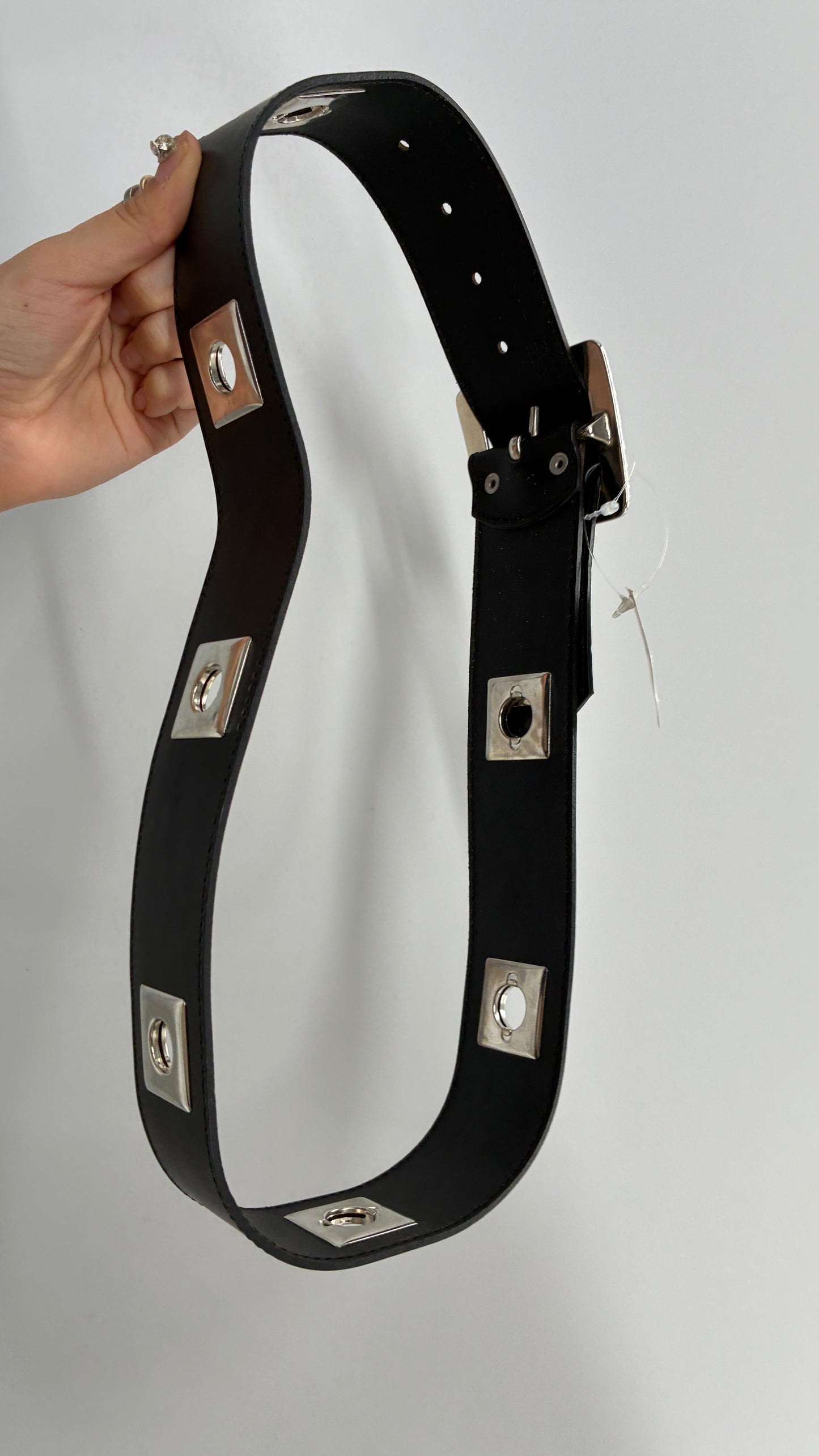 BANANA REPUBLIC Black Thick Leather Belt with Heavy Metal Details, Exaggerated Buckle, and Tags Attached (Small)