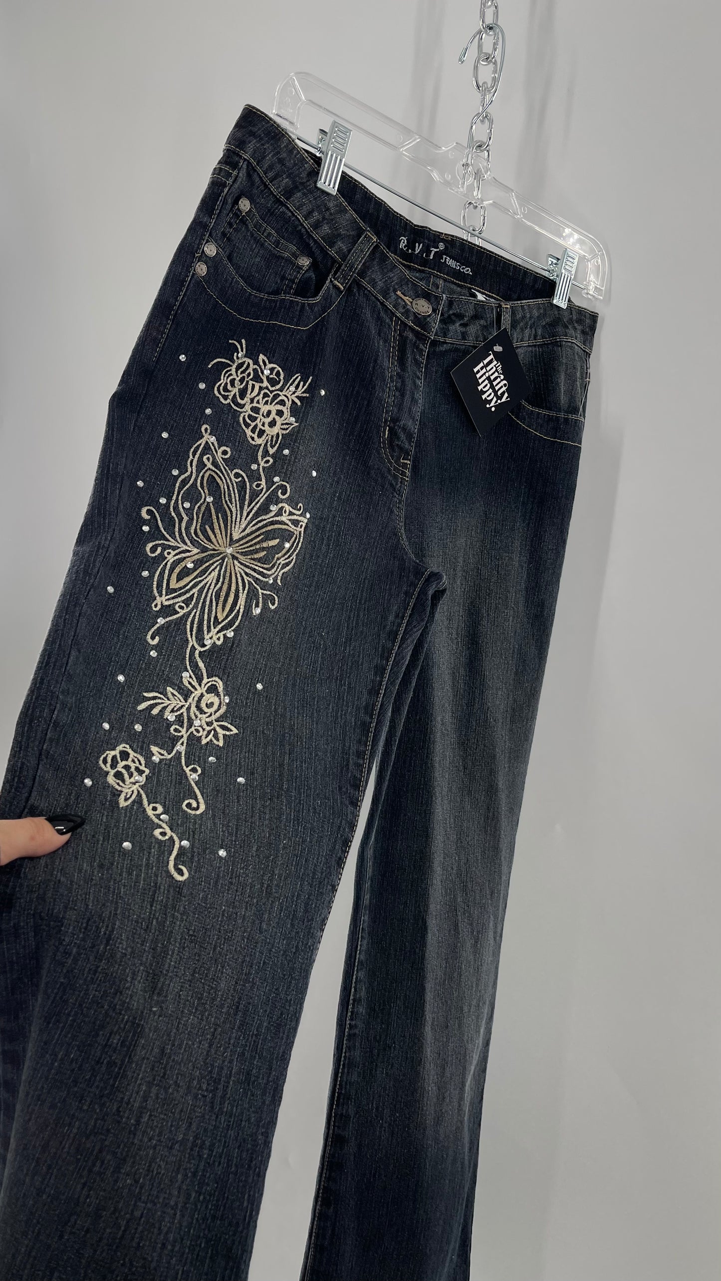 Vintage RVT Grey Kickflare Jeans with Butterfly Embroidery and Rhinestone Embellishment (9/10)