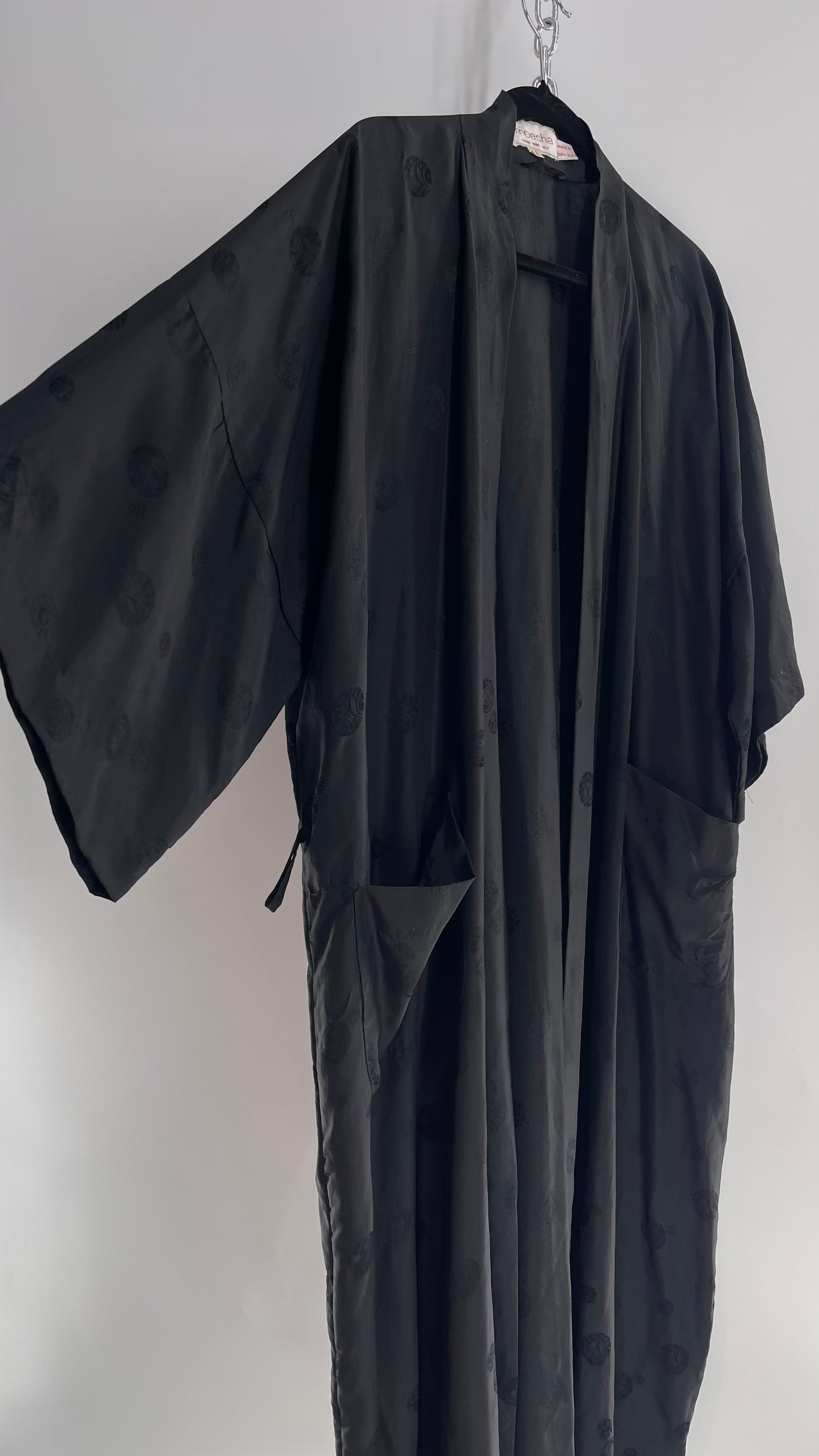 Vintage TREESHA 100% Pure Silk Black Long Embossed Robe (Large)