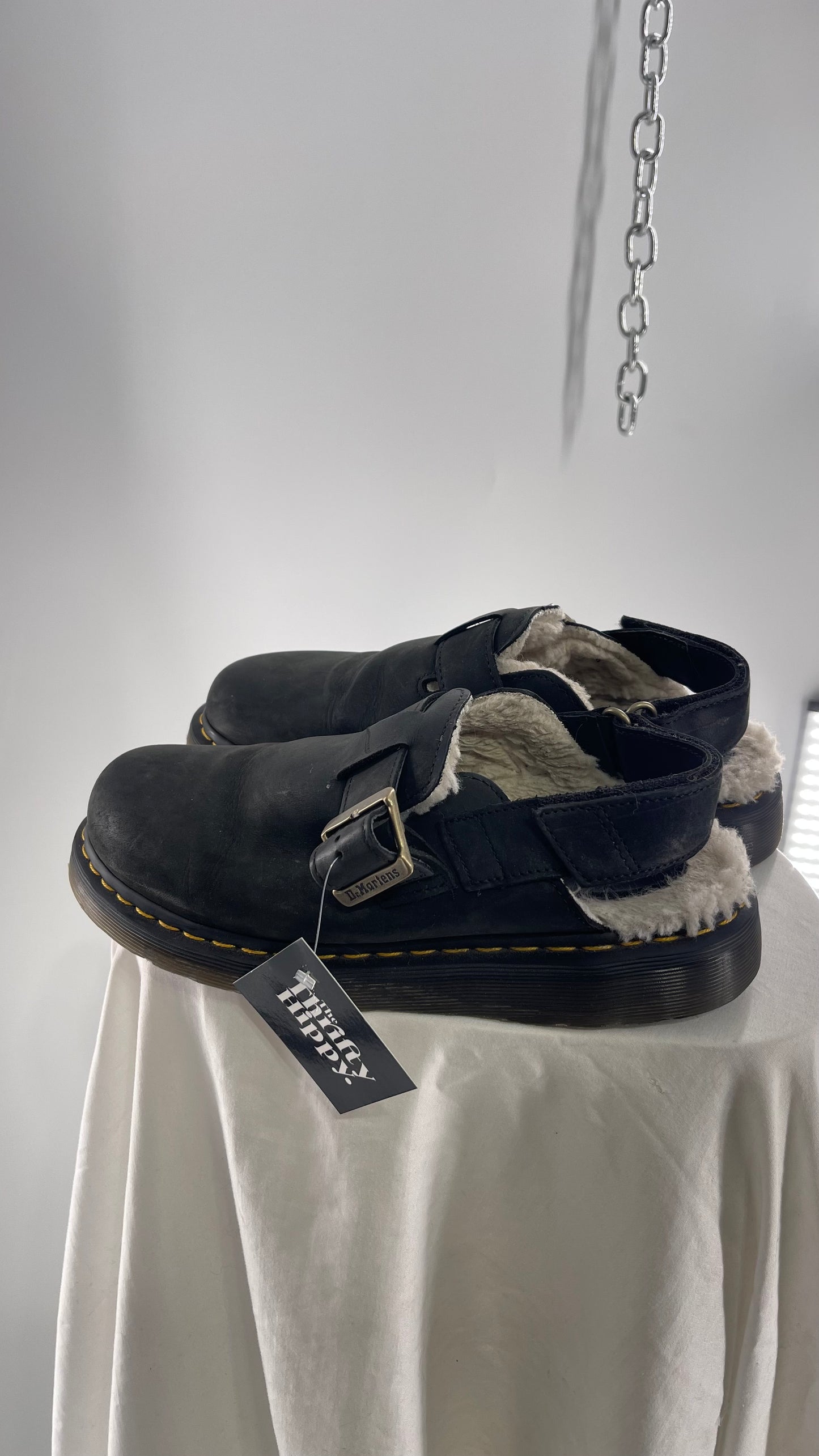 Vintage Worn Dr. Martens Jorge Black Leather Slide on Fur Lined Clogs (8M/9L)