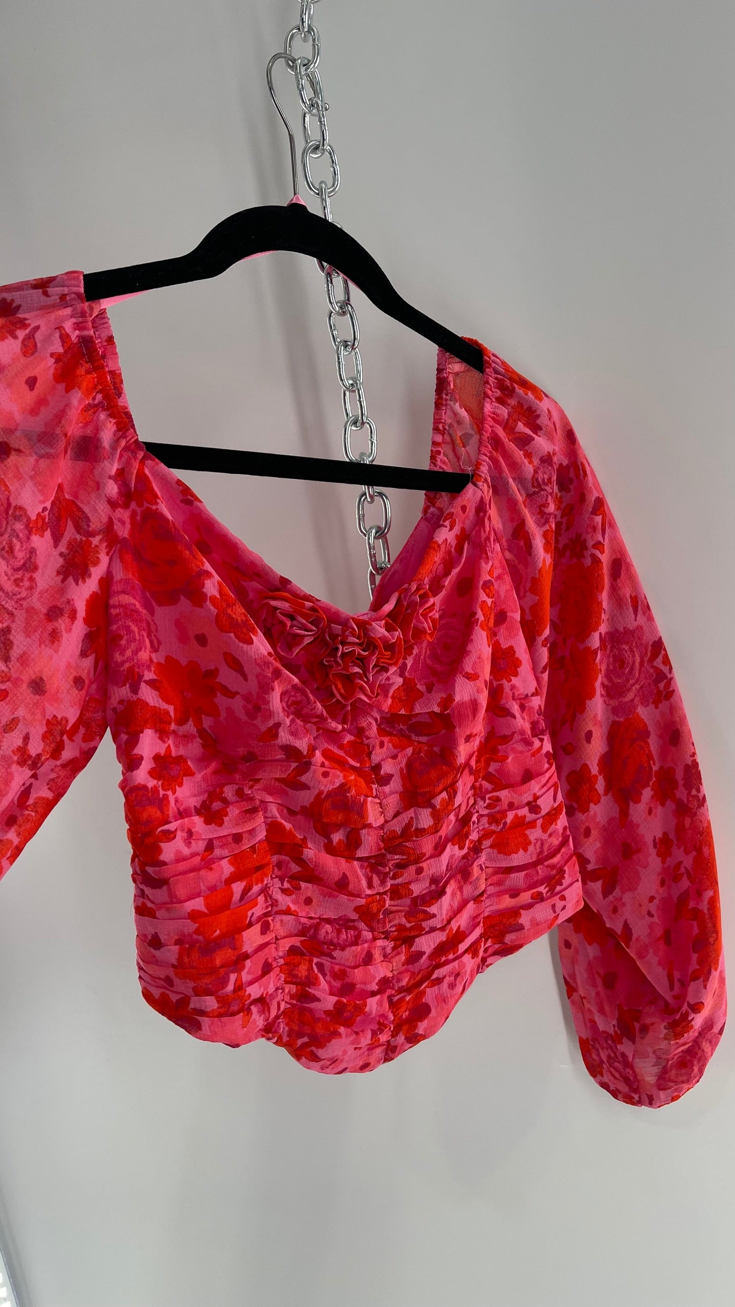 Free People Cropped Floral Blouse with Ruched Body, Balloon Sleeves and Appliqué Rosette Bustline with Tags Attached (XS)