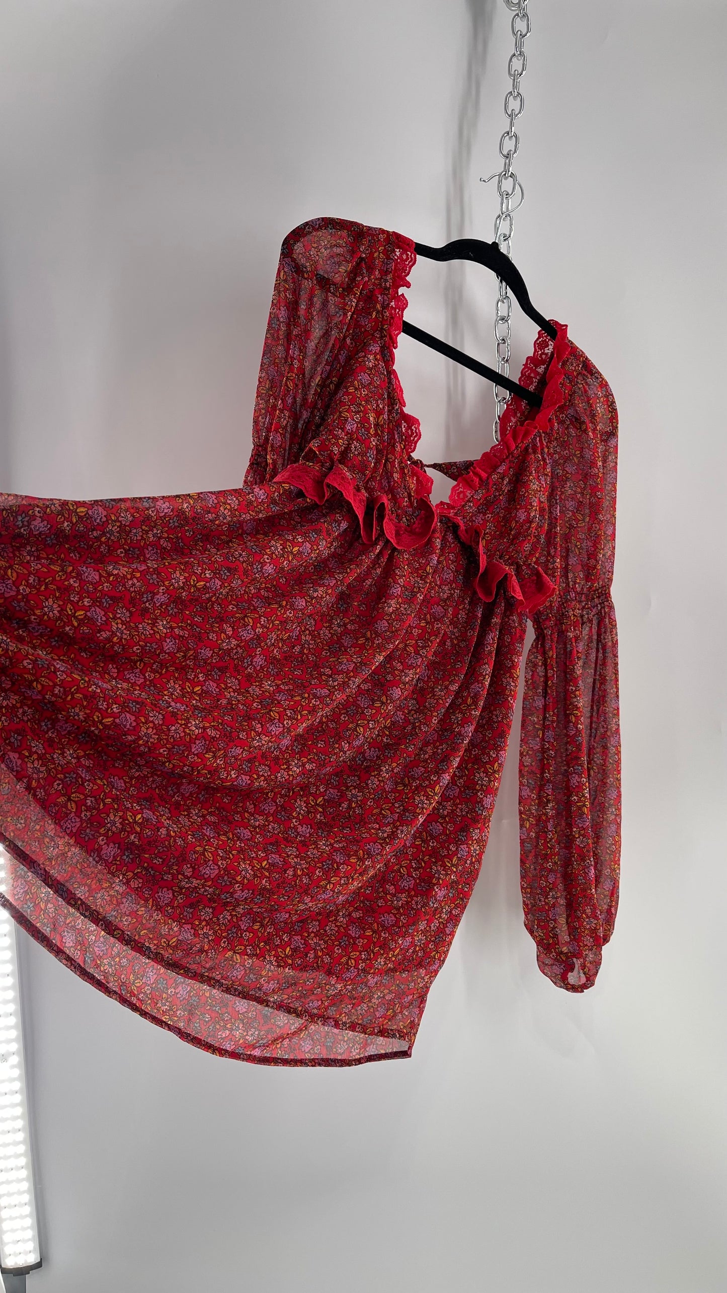 Free People Red Floral Mini Dress with Lace Trim, Open Back and Balloon Sleeves (Small)