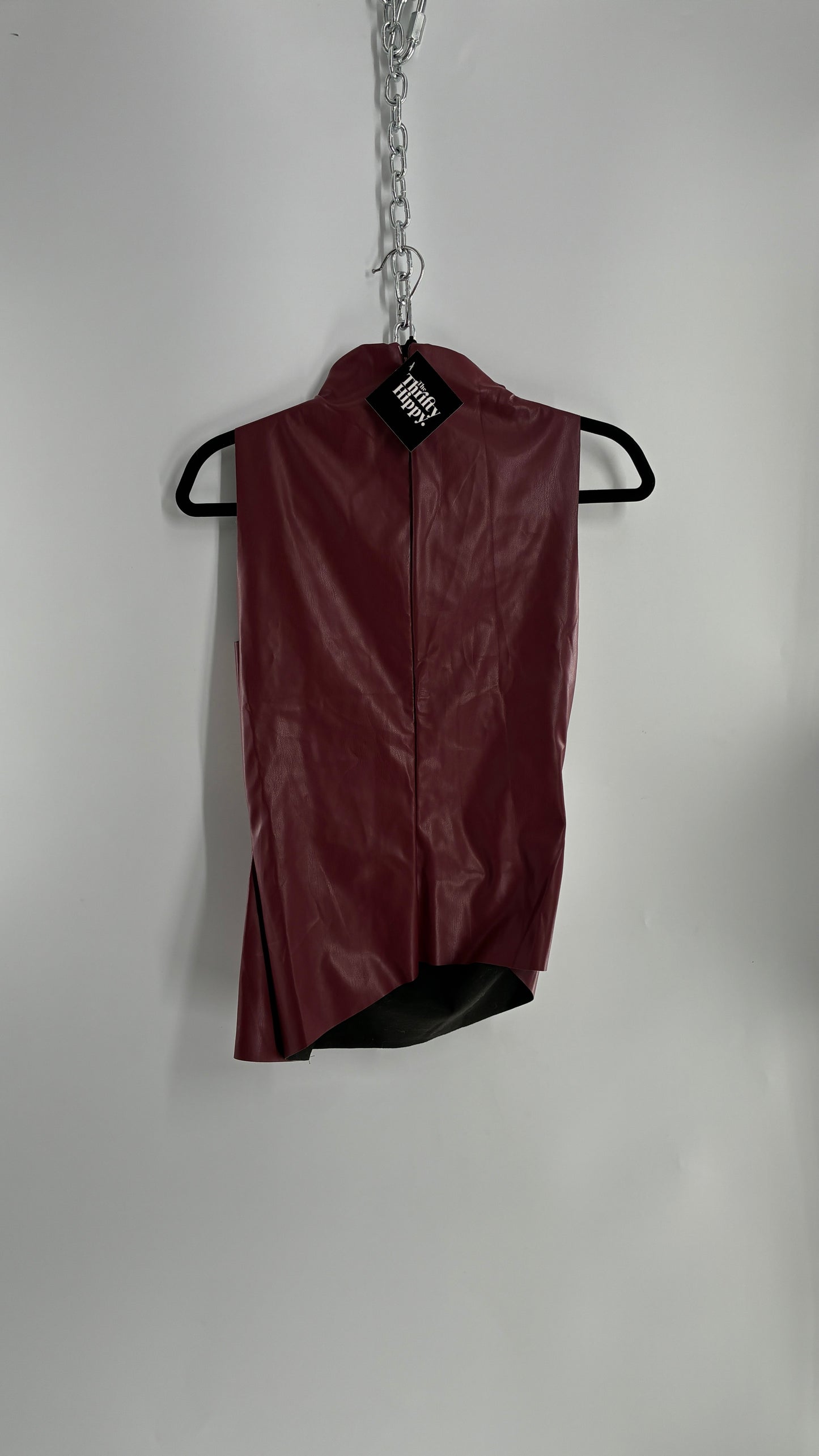 Faux Leather Maroon Ruched High Neck Asymmetric Sleeveless Top (Medium)