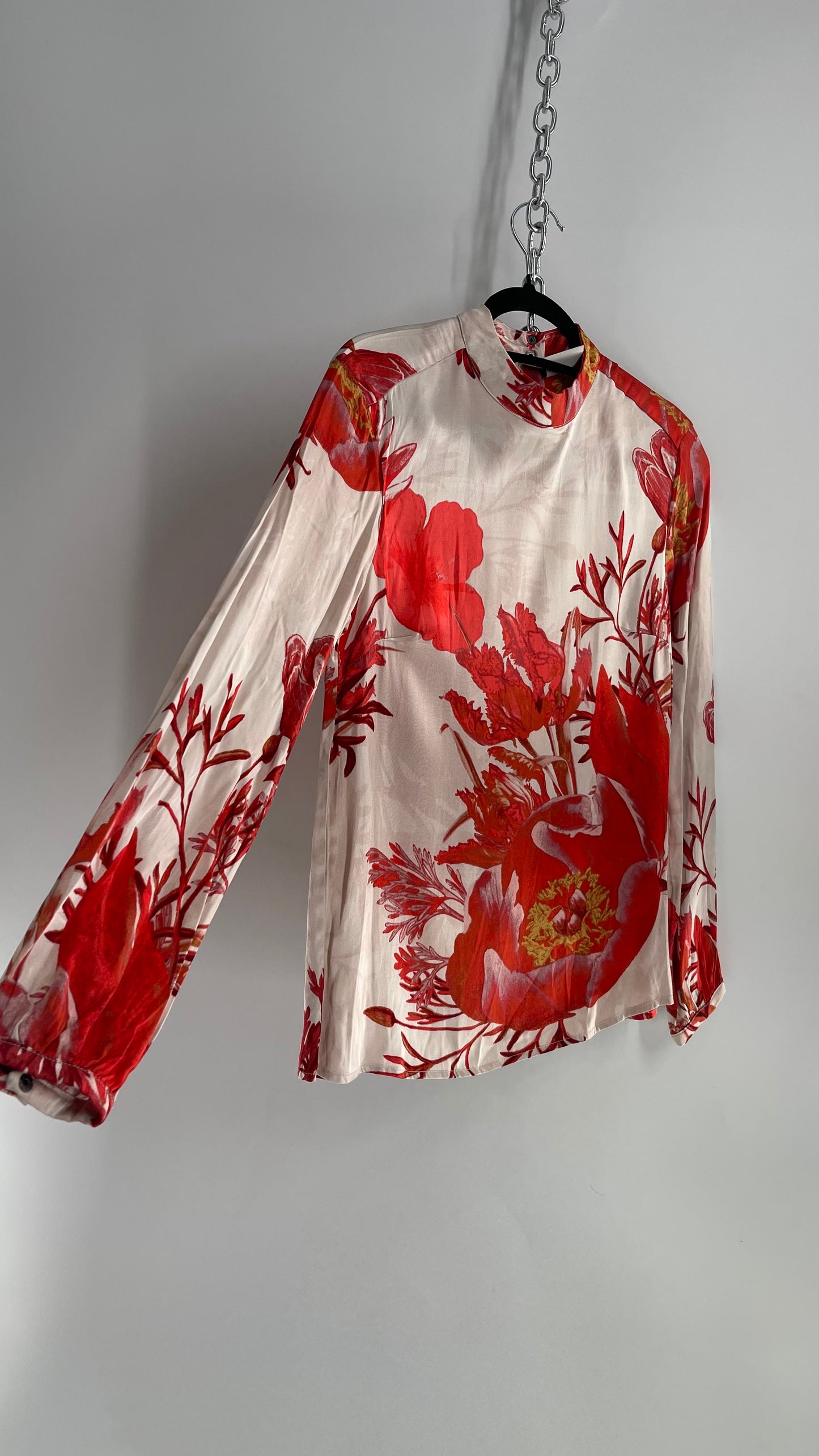 KAREN BY SIMONSEN Silky Champagne and Red Floral Patterned Balloon Sleeve Blouse (34)