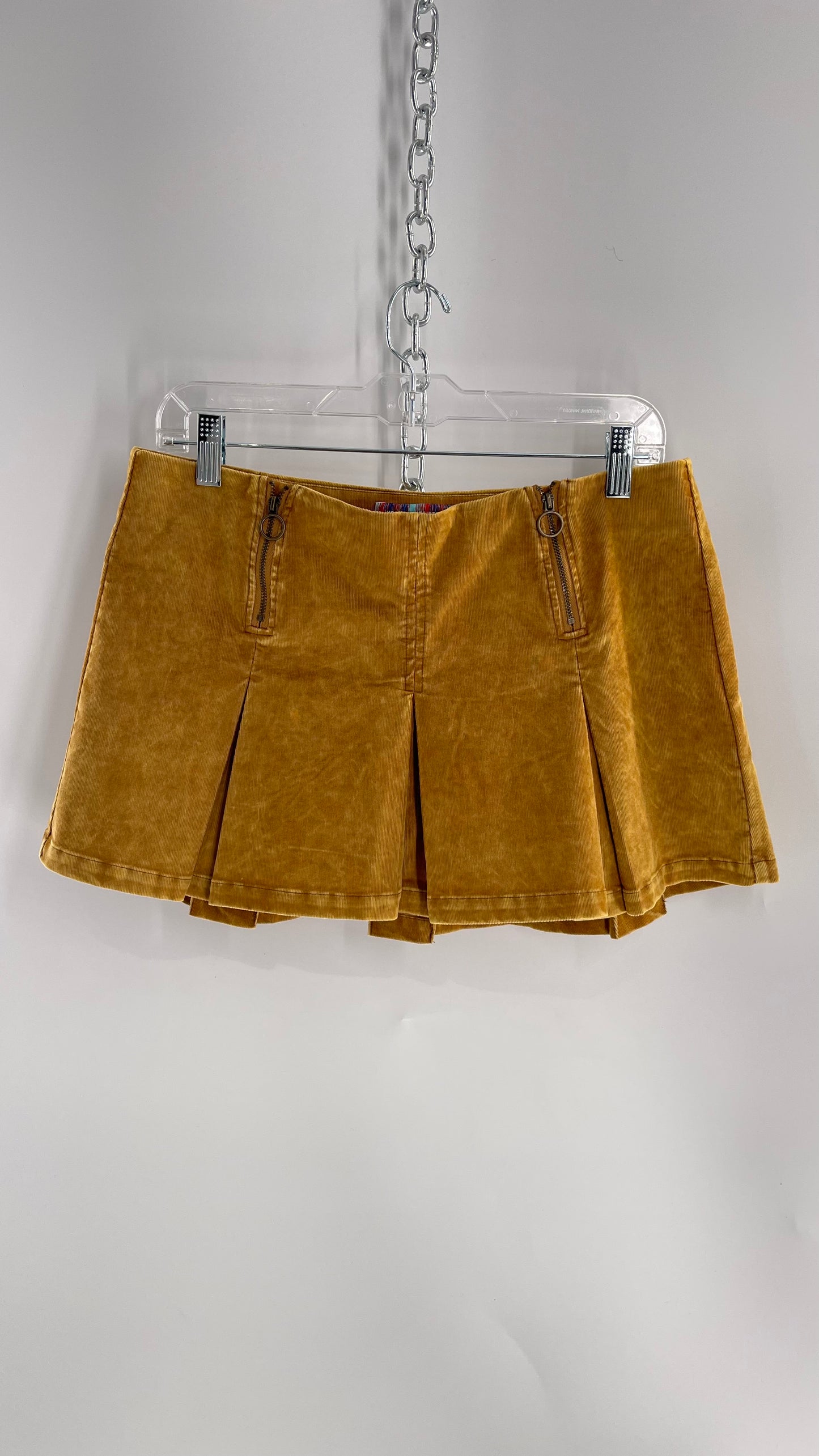 Urban Outfitters Mustard Corduroy Pleated Micro Mini Skirt with Brass Hip Zippers (Medium)