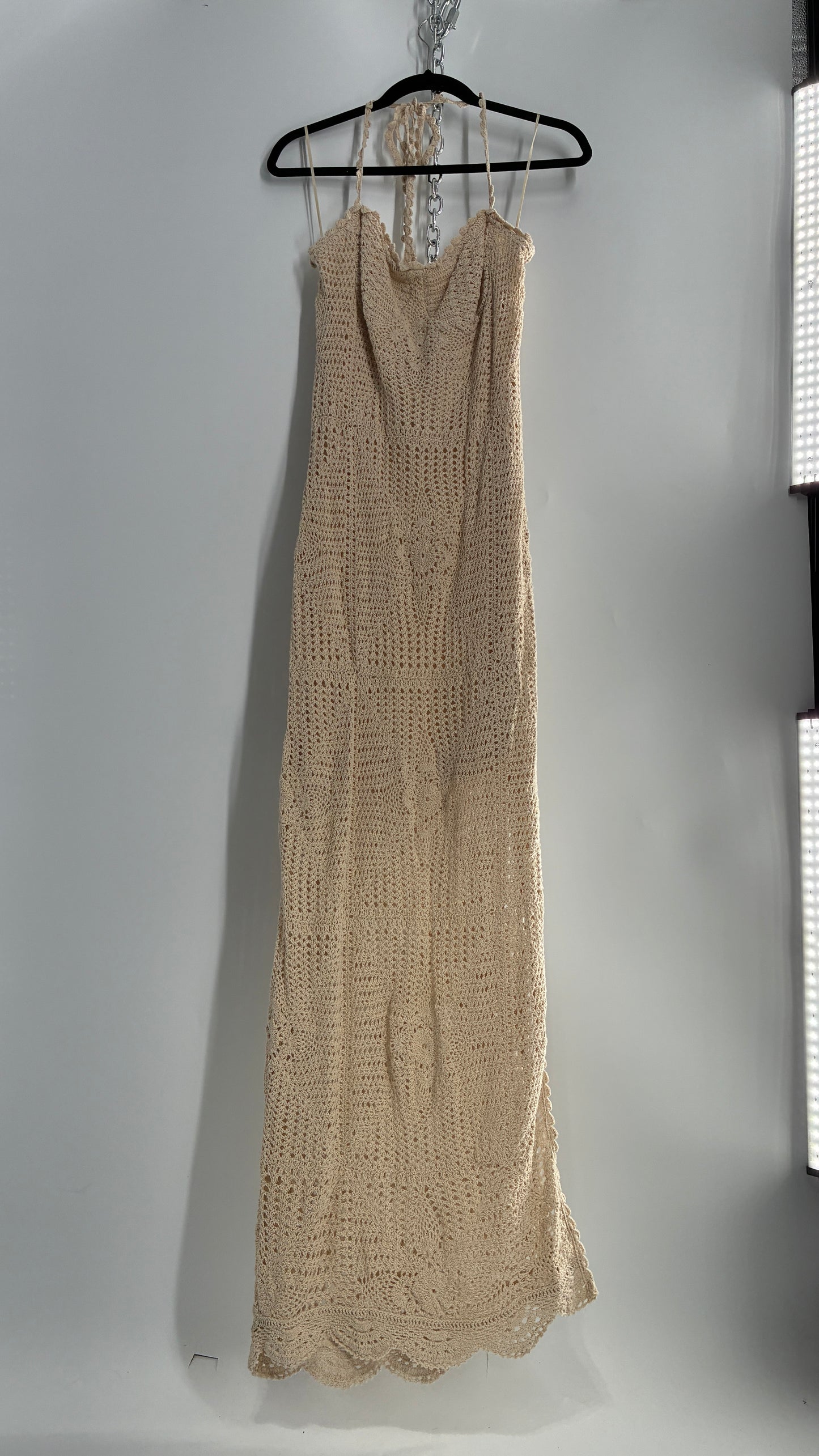 Free People Beige Crochet Knit Máxi Dress (Large)