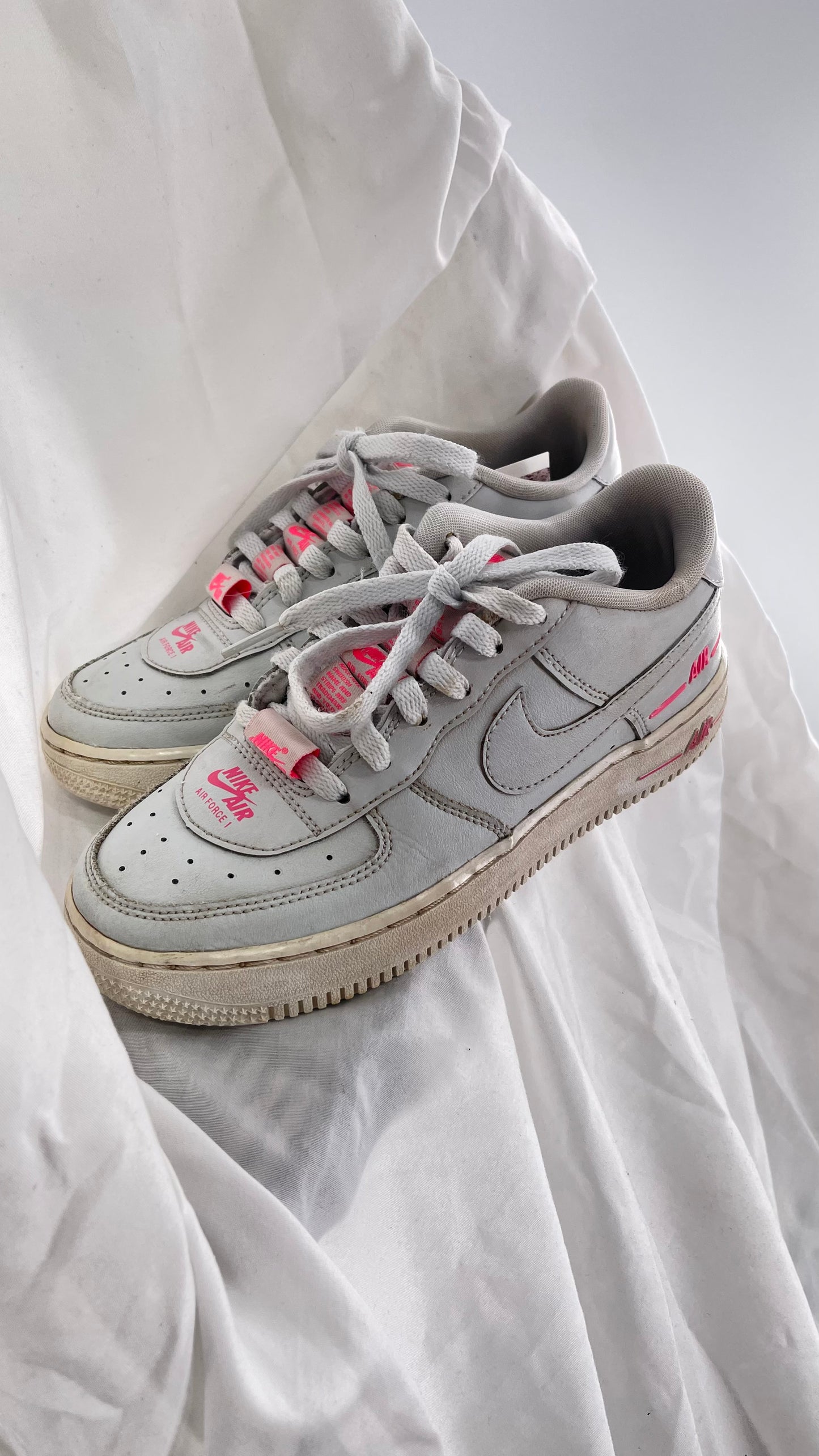 Custom Nikes Worn White with Tags on Laces and Neon Pink Details (4Y)
