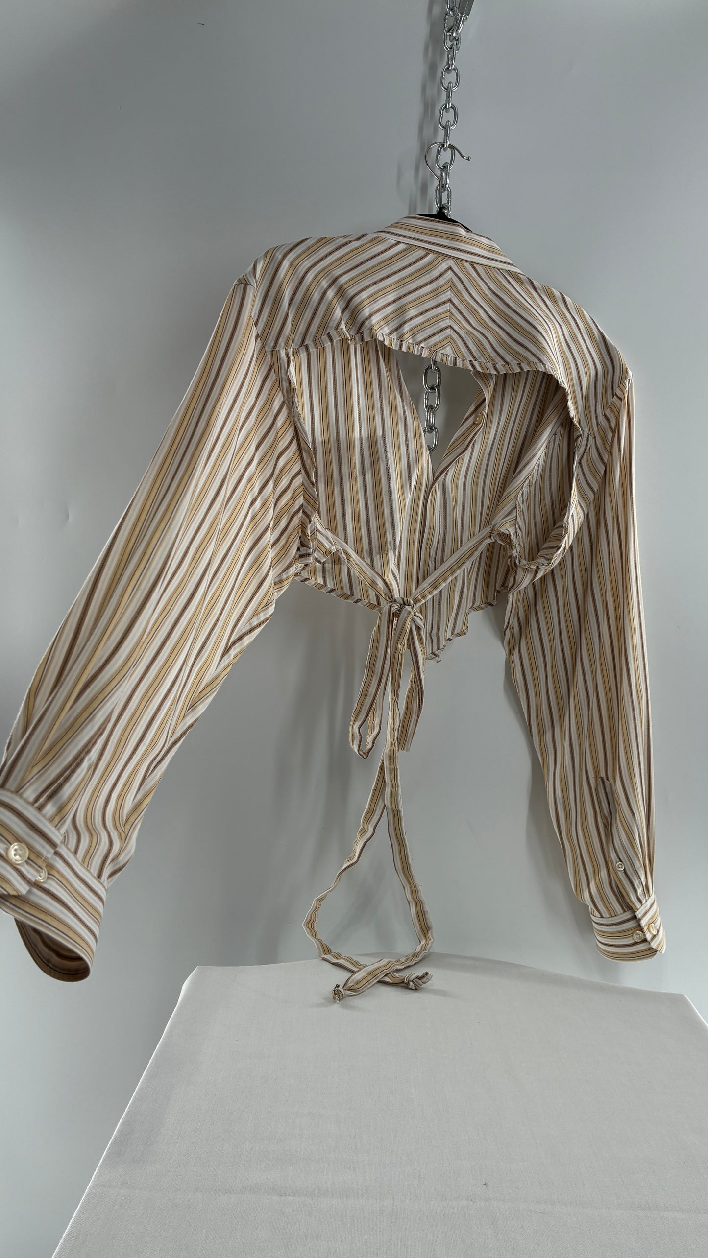 Vintage VAN HEUSEN Reworked Button Front Backless Mustard Yellow, Brown Striped Blouse (One Size)