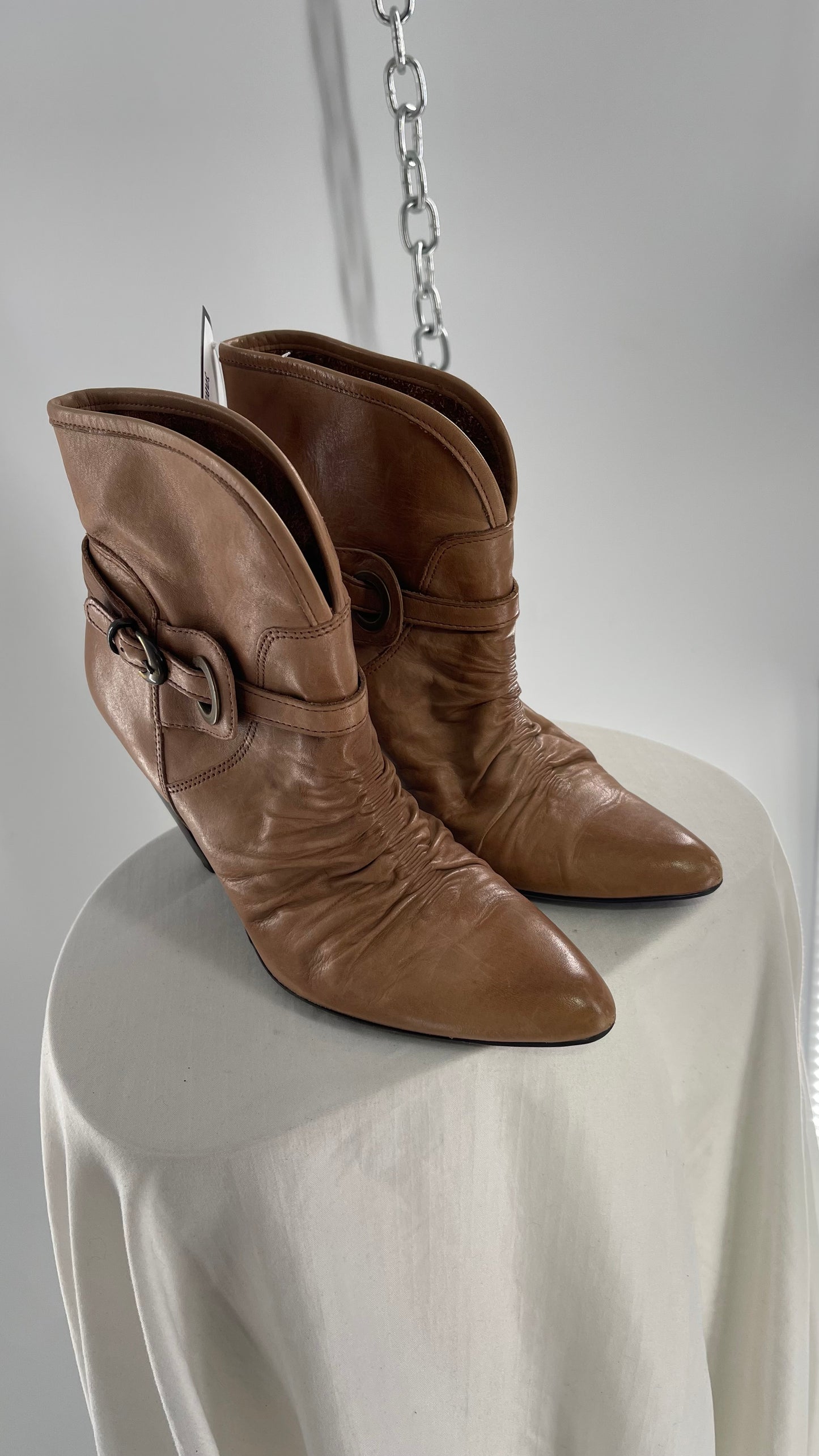 Vintage Pointed Toe Booties with Ruching and Belt Detail Made in Brazil