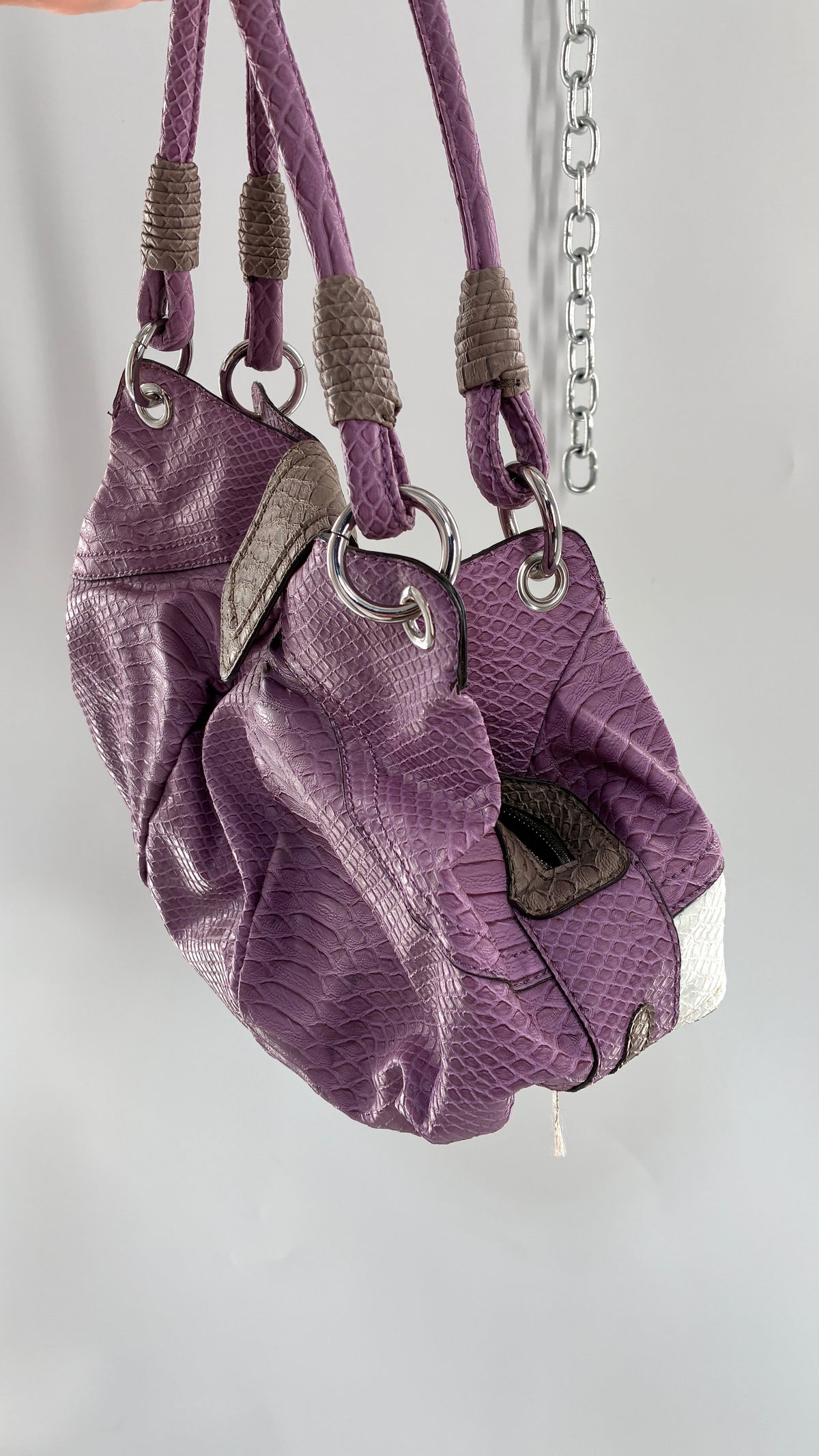 Vintage GUESS Snake Embossed Purple Purse with Oversized Logo Hardware