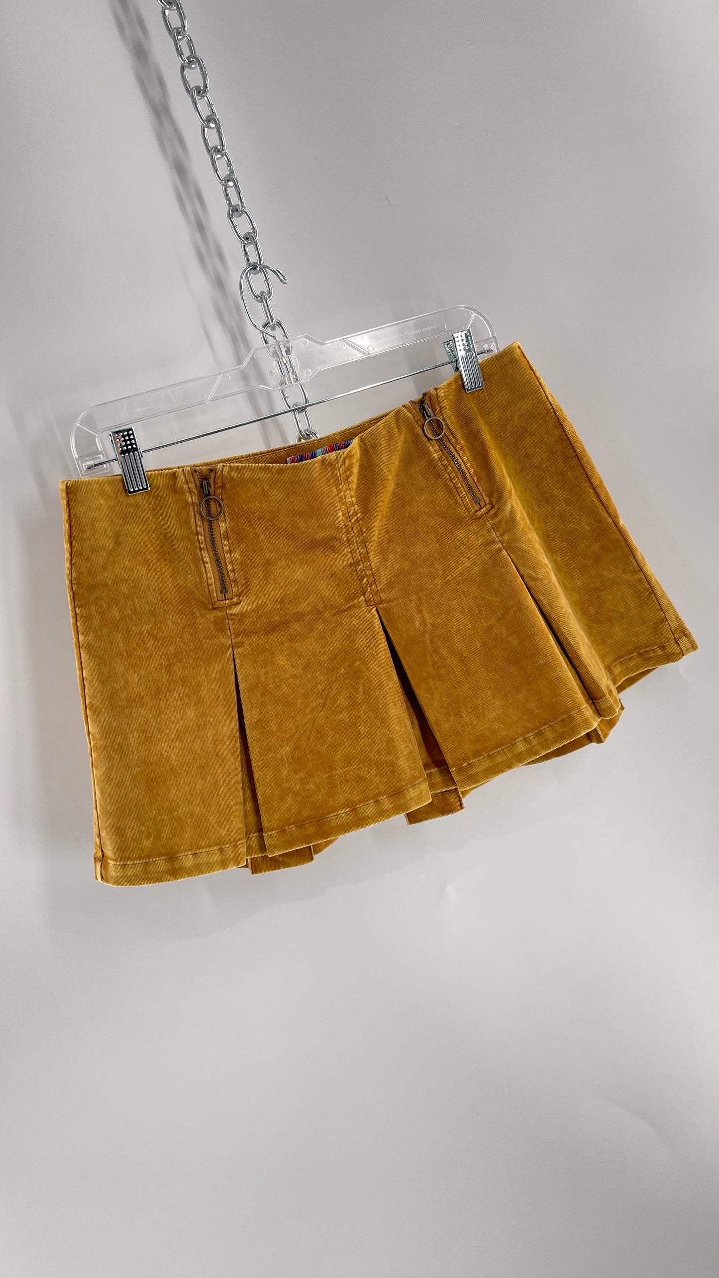 Urban Outfitters Mustard Corduroy Pleated Micro Mini Skirt with Brass Hip Zippers (Medium)