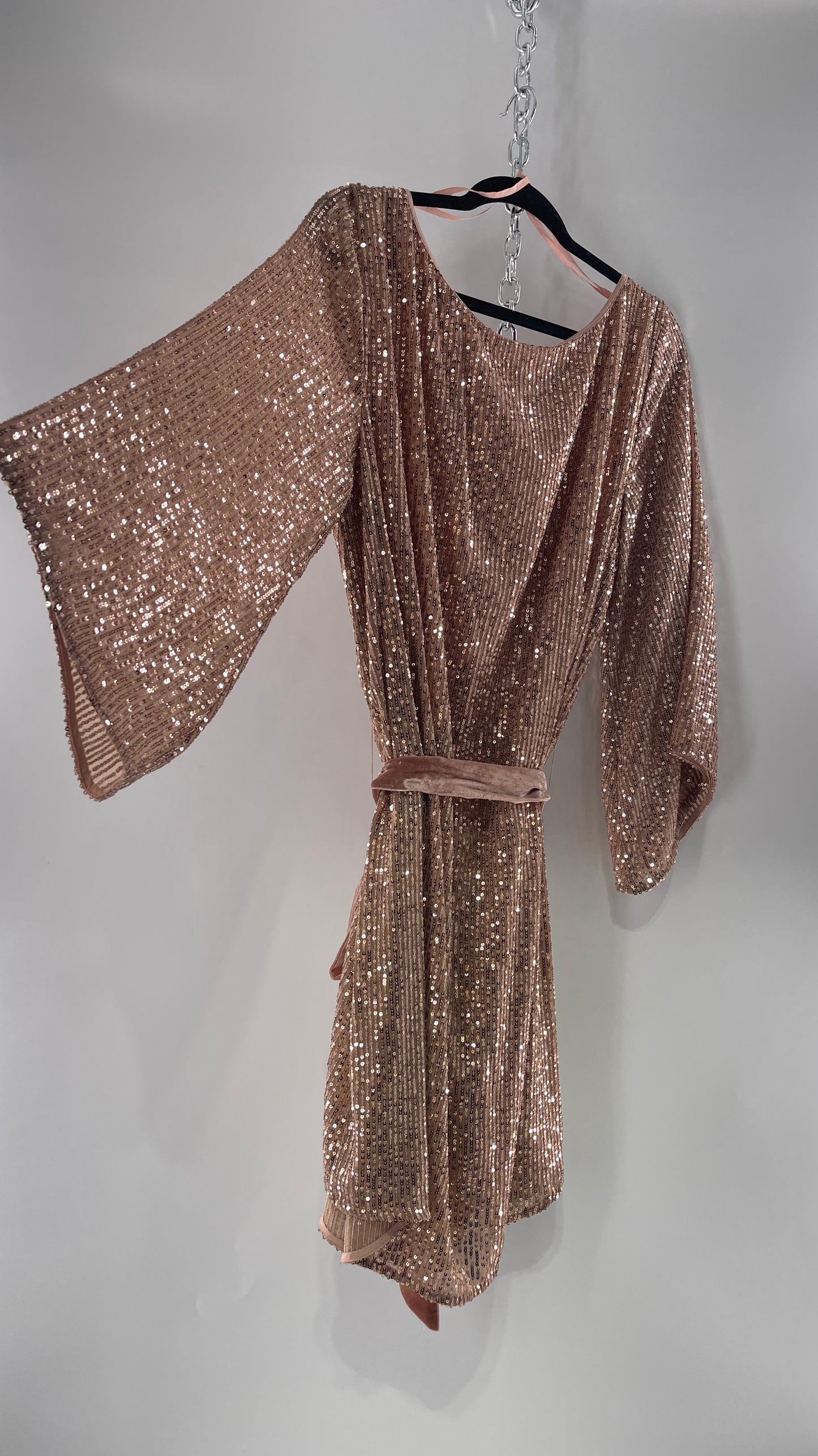 Anthropologie Rose Gold Sequin Dress with Velvet Waist Belt and Tags Attached (XL)